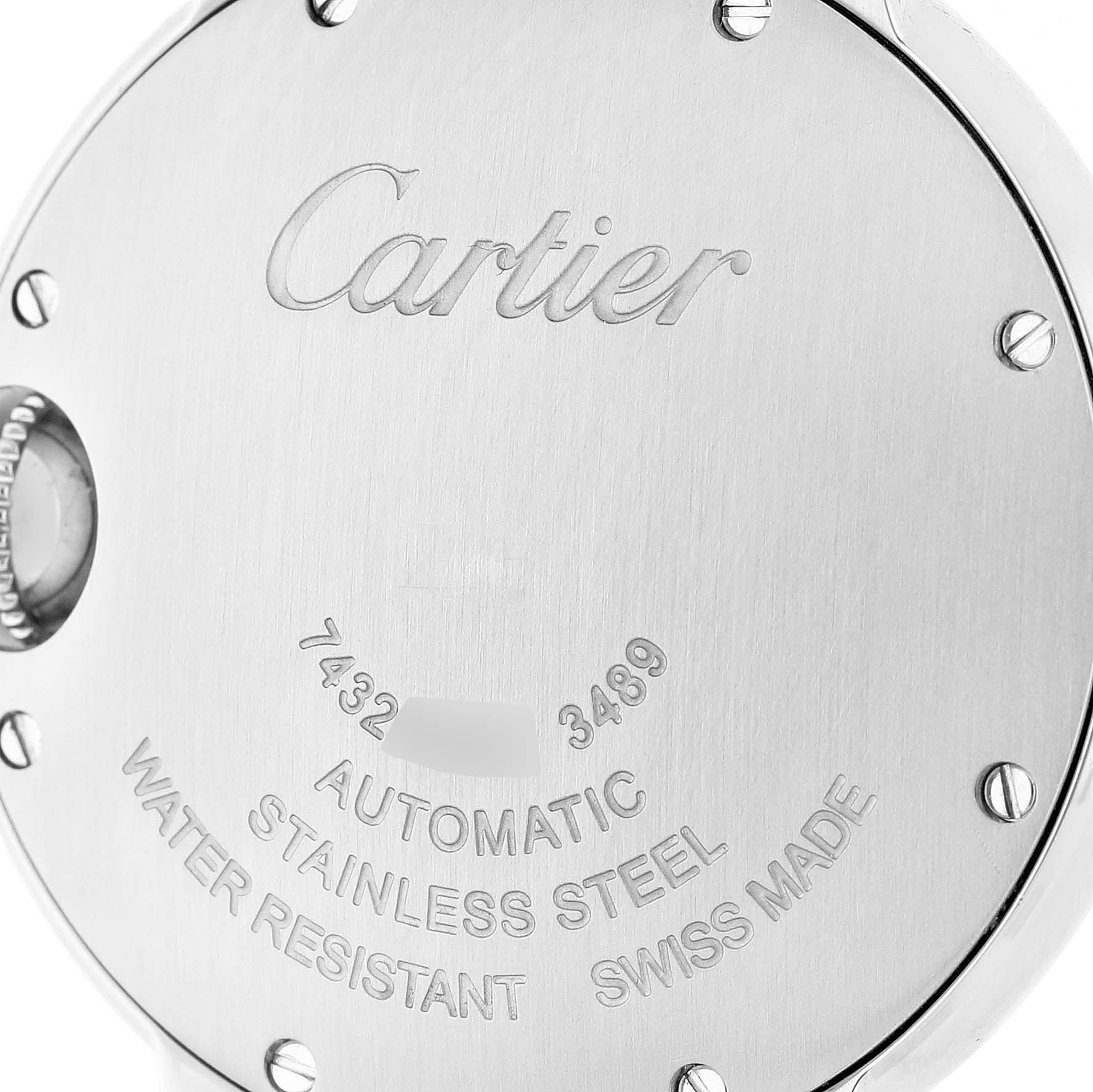 The image shows the back of a Ballon Bleu de Cartier watch, highlighting the engraved brand name and specifications.