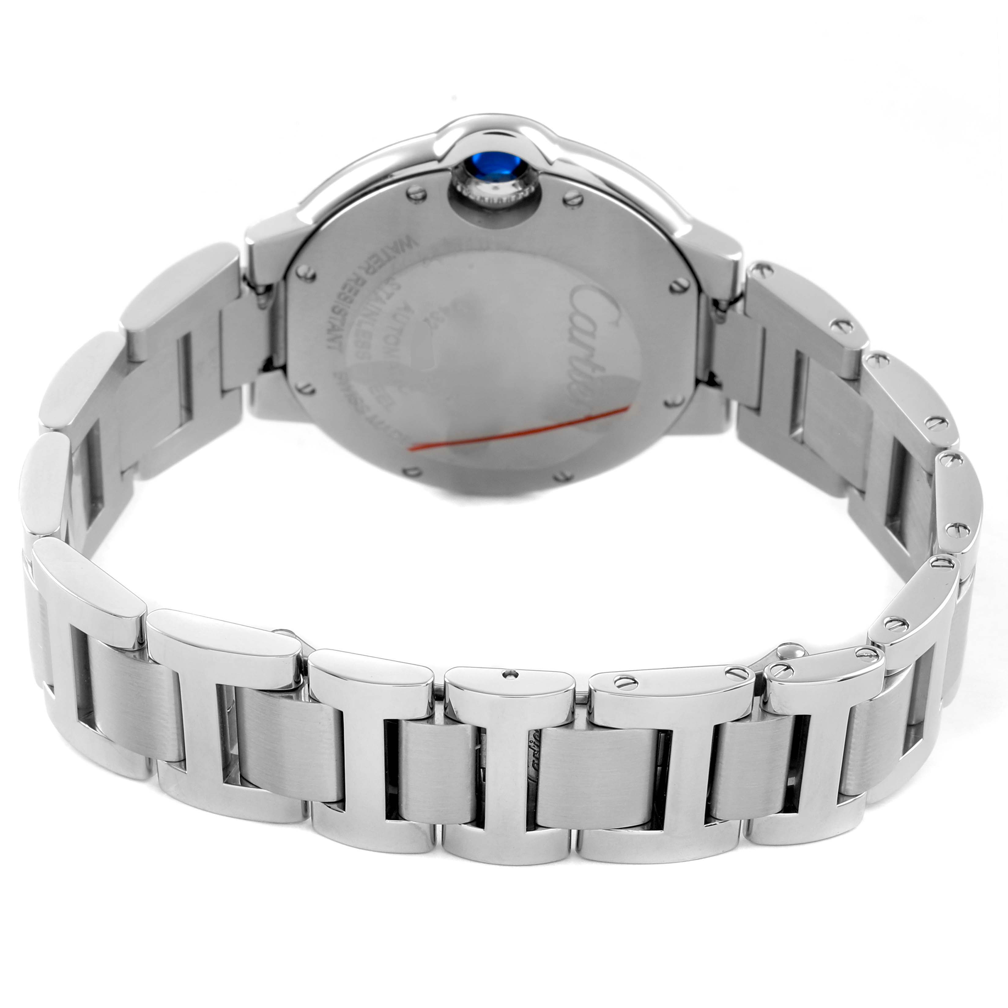 The image shows the back view of the Cartier Ballon Bleu W6920071 Women's Stainless Steel Silver Dial watch, highlighting the stainless steel bracelet and case back with a blue cabochon crown.