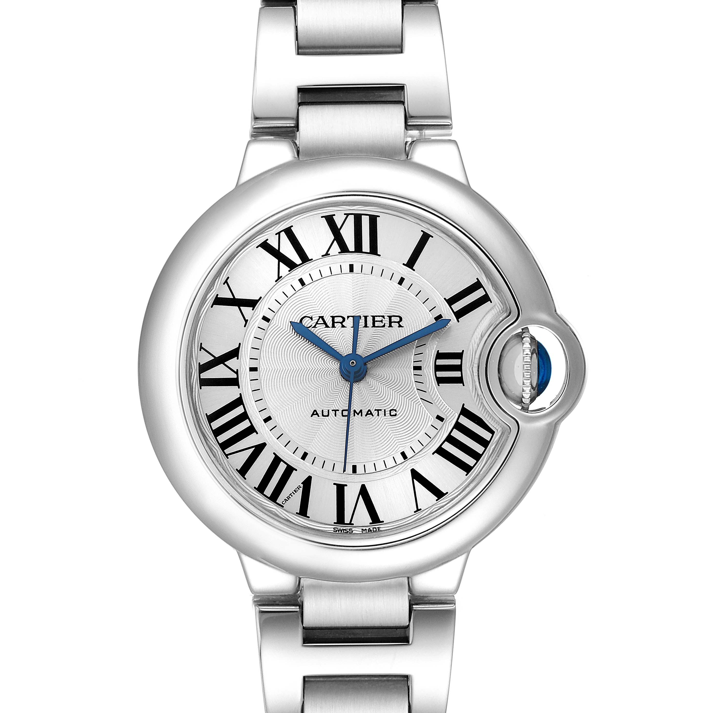 The Cartier Ballon Bleu W6920071 Women's Stainless Steel Silver Dial watch is shown from the front, highlighting its round face, Roman numerals, blue hands, and crown.