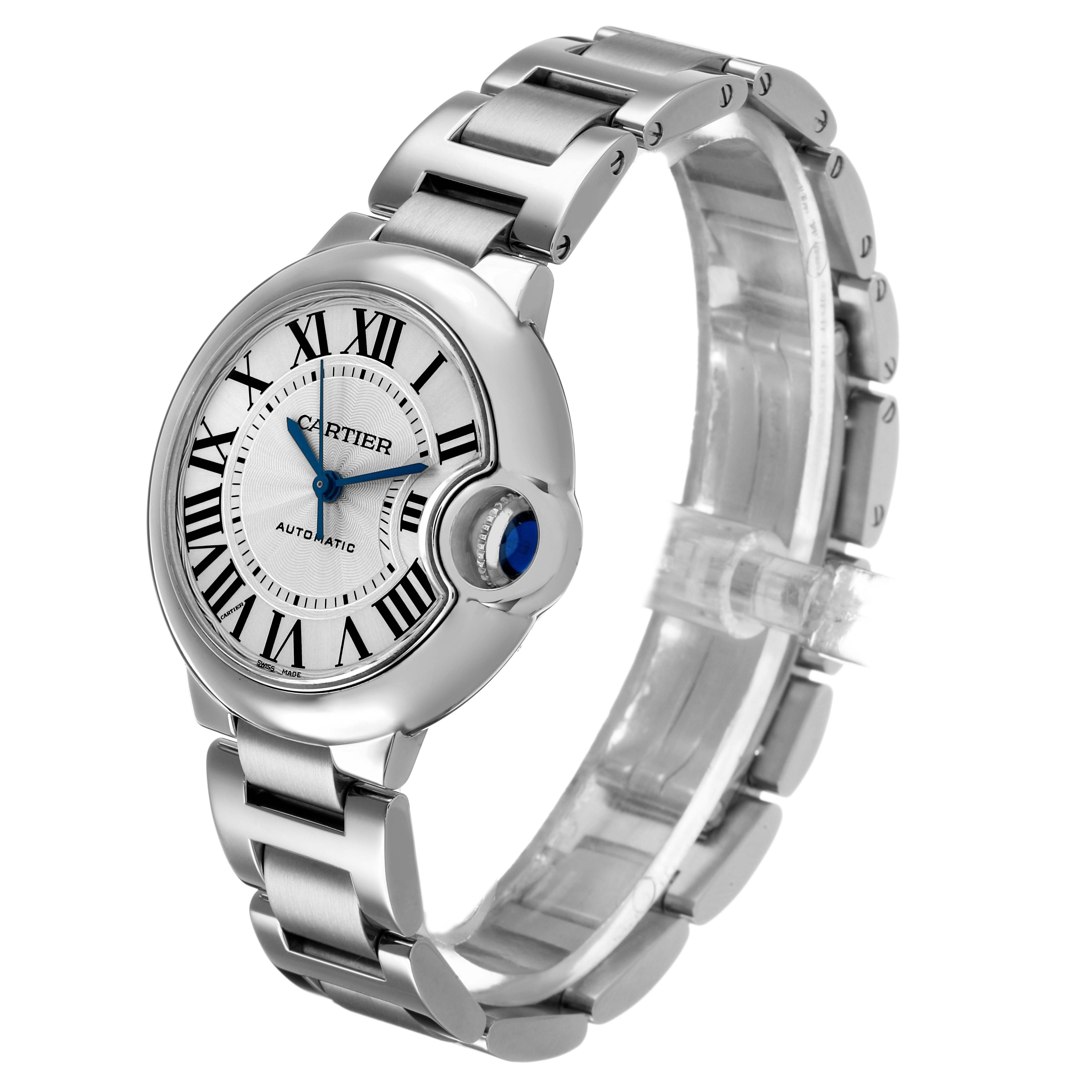 The Cartier Ballon Bleu W6920071 Women's Stainless Steel Silver Dial watch is shown at a three-quarter angle, displaying the face, crown, and bracelet.