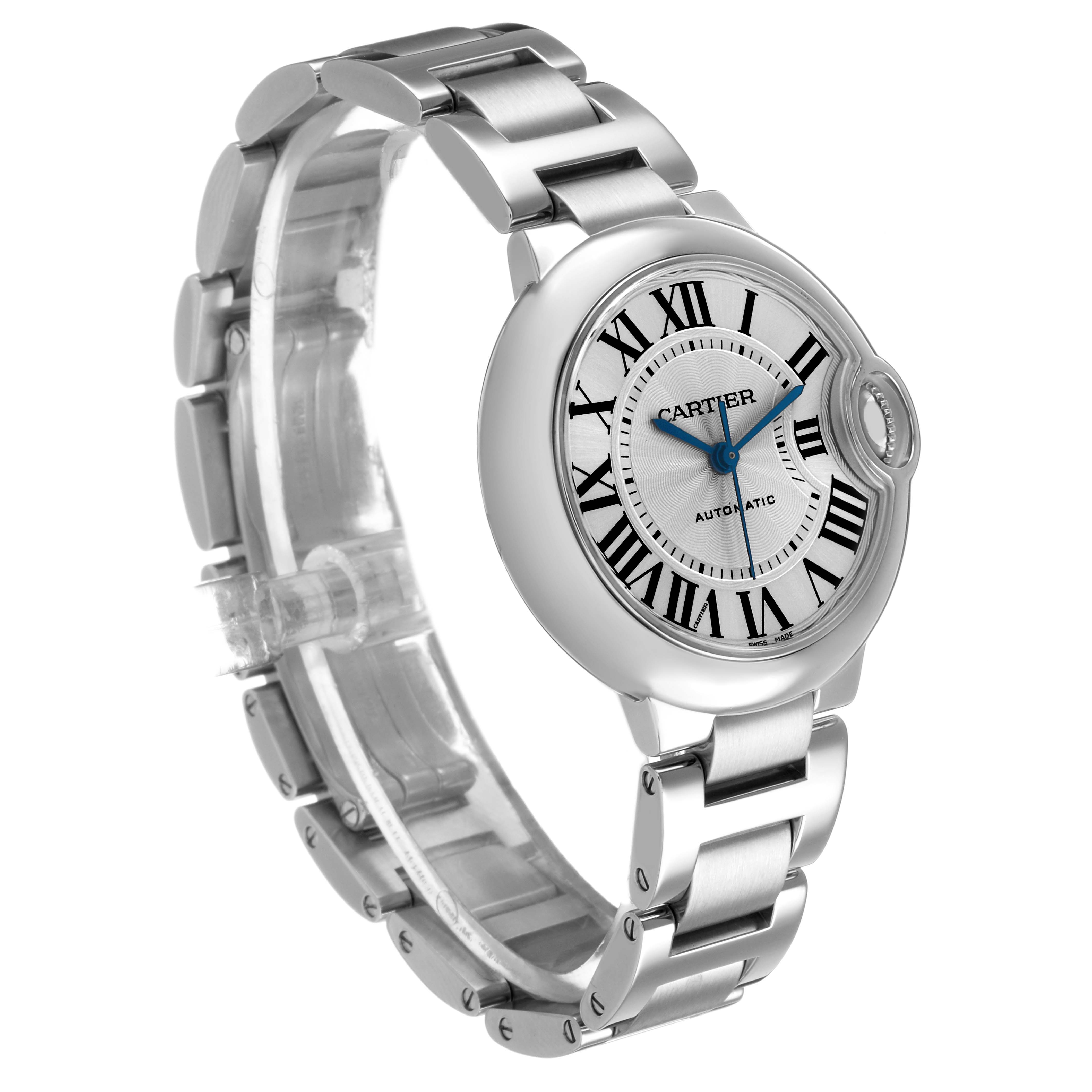 The Cartier Ballon Bleu W6920071 Women's Stainless Steel Silver Dial watch is shown at a three-quarter angle, displaying its face, bracelet, and crown.