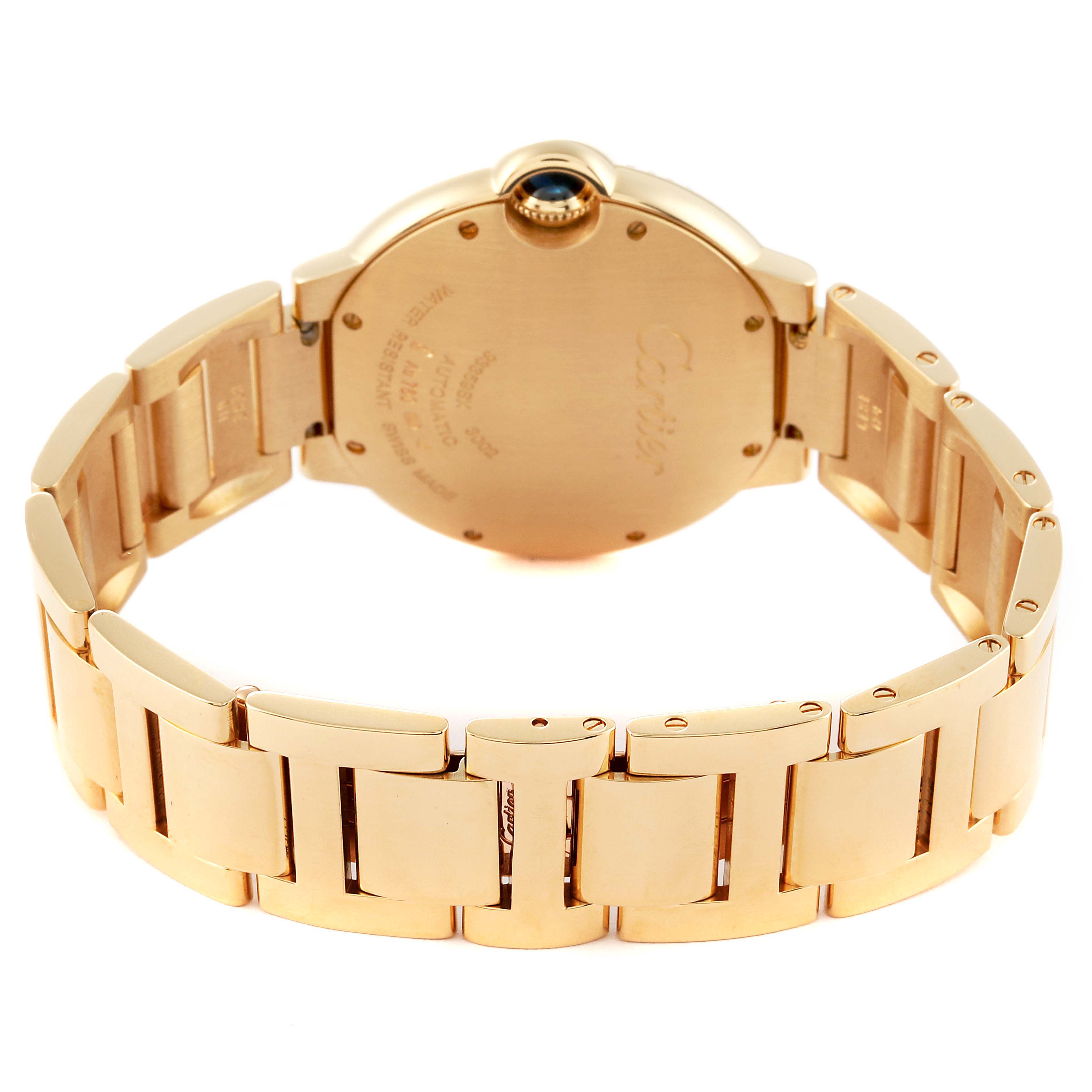 The image shows the back side and bracelet of a Ballon Bleu model by Cartier, highlighting the clasp and caseback.