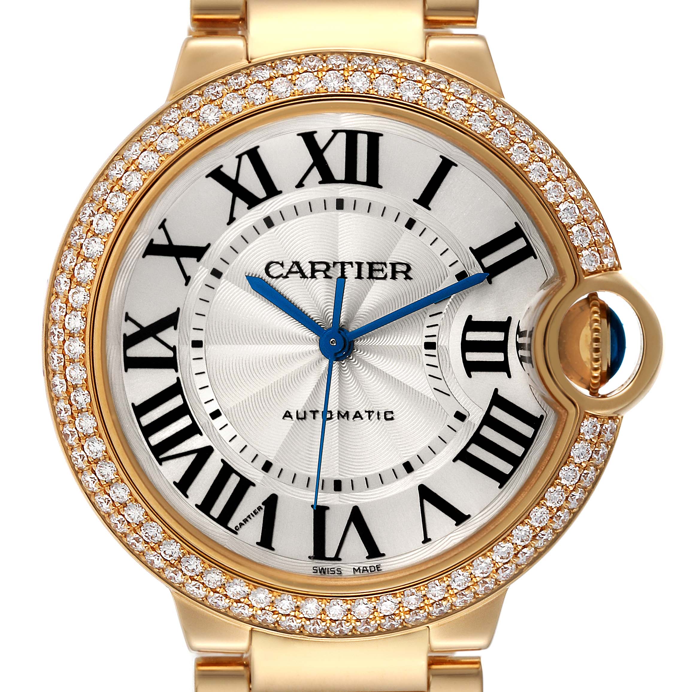The image shows a close-up front view of the Cartier Ballon Bleu WE9004Z3 Women
s Yellow Gold Silver Dial WE9004Z3 Women
s Yellow Gold Silver Dial watch, highlighting its diamond-studded bezel and Roman numeral dial.