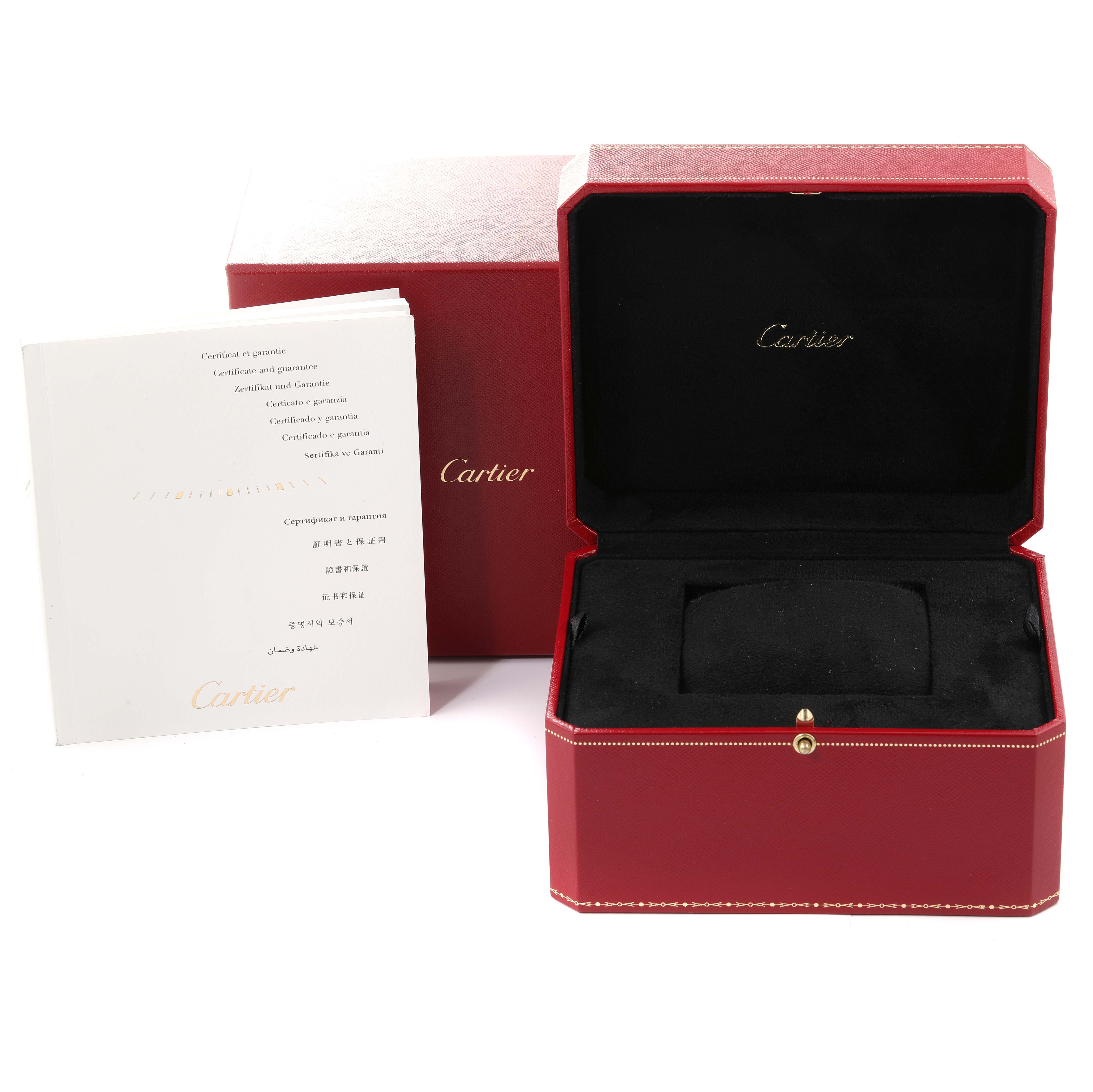 The image depicts the original packaging, red box, and certification documents for a Ballon Bleu model by Cartier.