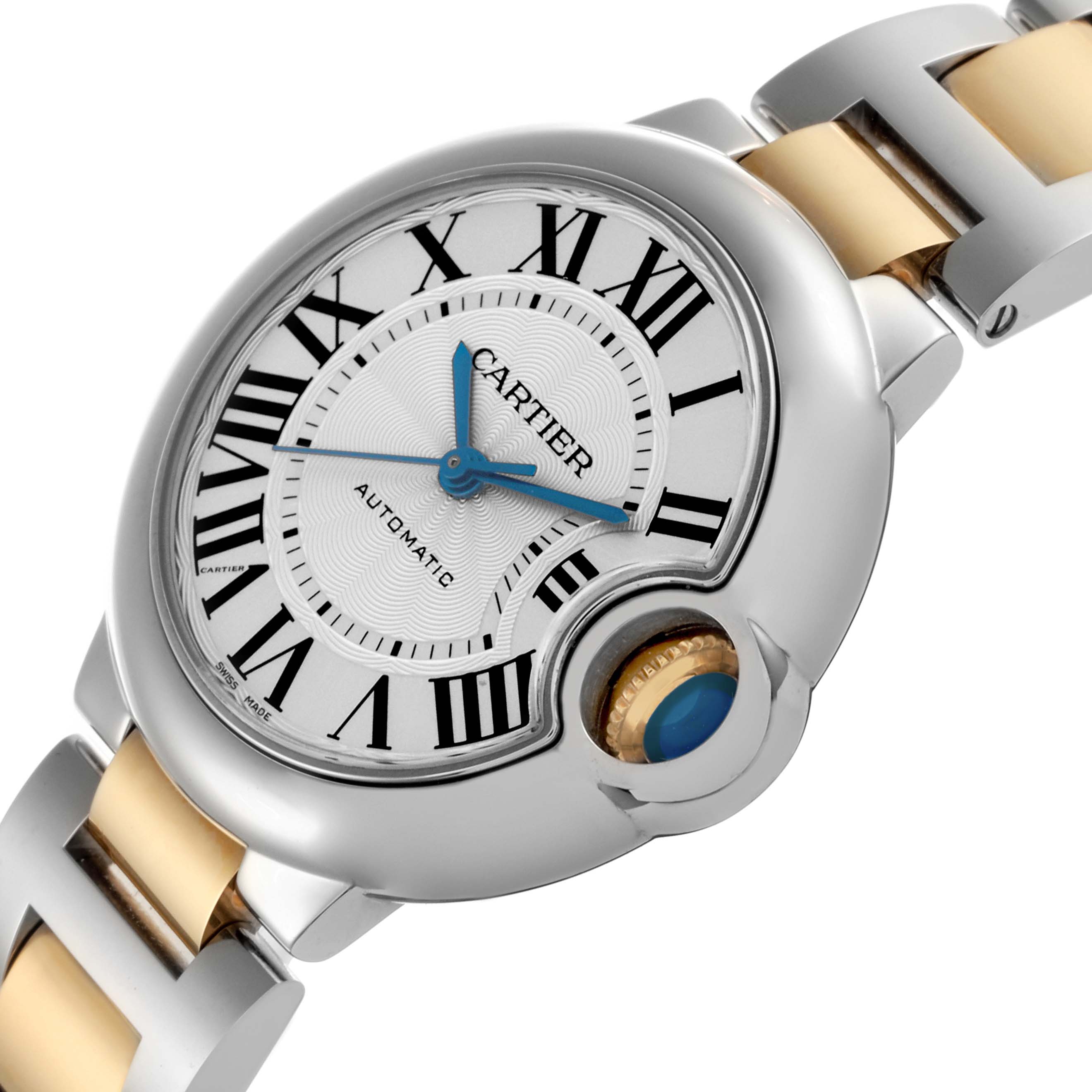 The Cartier Ballon Bleu W2BB0002 Women's Steel and Gold (two tone) Silver Dial W2BB0002 Women's Steel and Gold (two tone) Silver Dial watch is shown at an angle highlighting the dial, crown, and part of the bracelet.