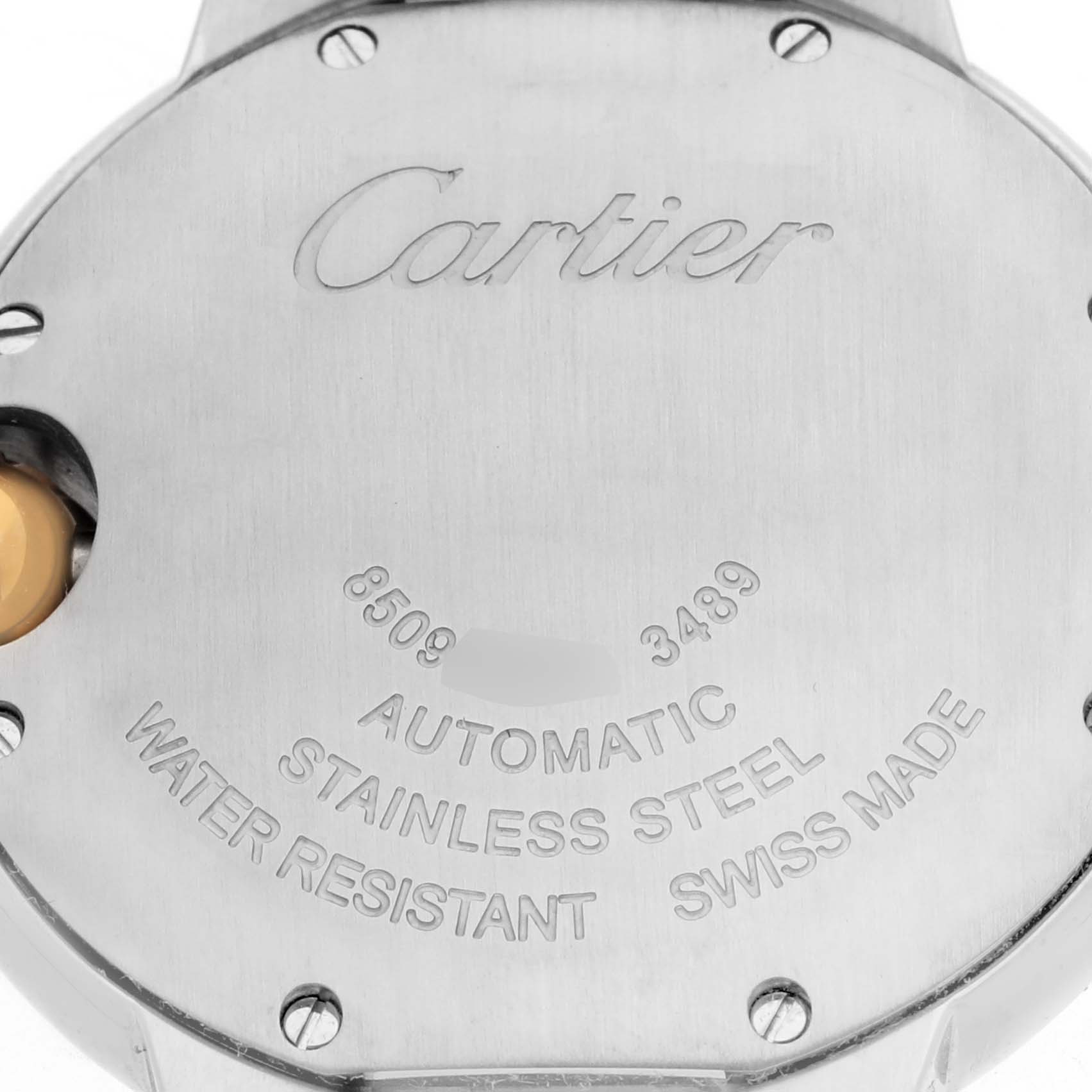 The image shows the back case of the Cartier Ballon Bleu W2BB0002 Women's Steel and Gold (two tone) Silver Dial W2BB0002 Women's Steel and Gold (two tone) Silver Dial watch with engraved details.