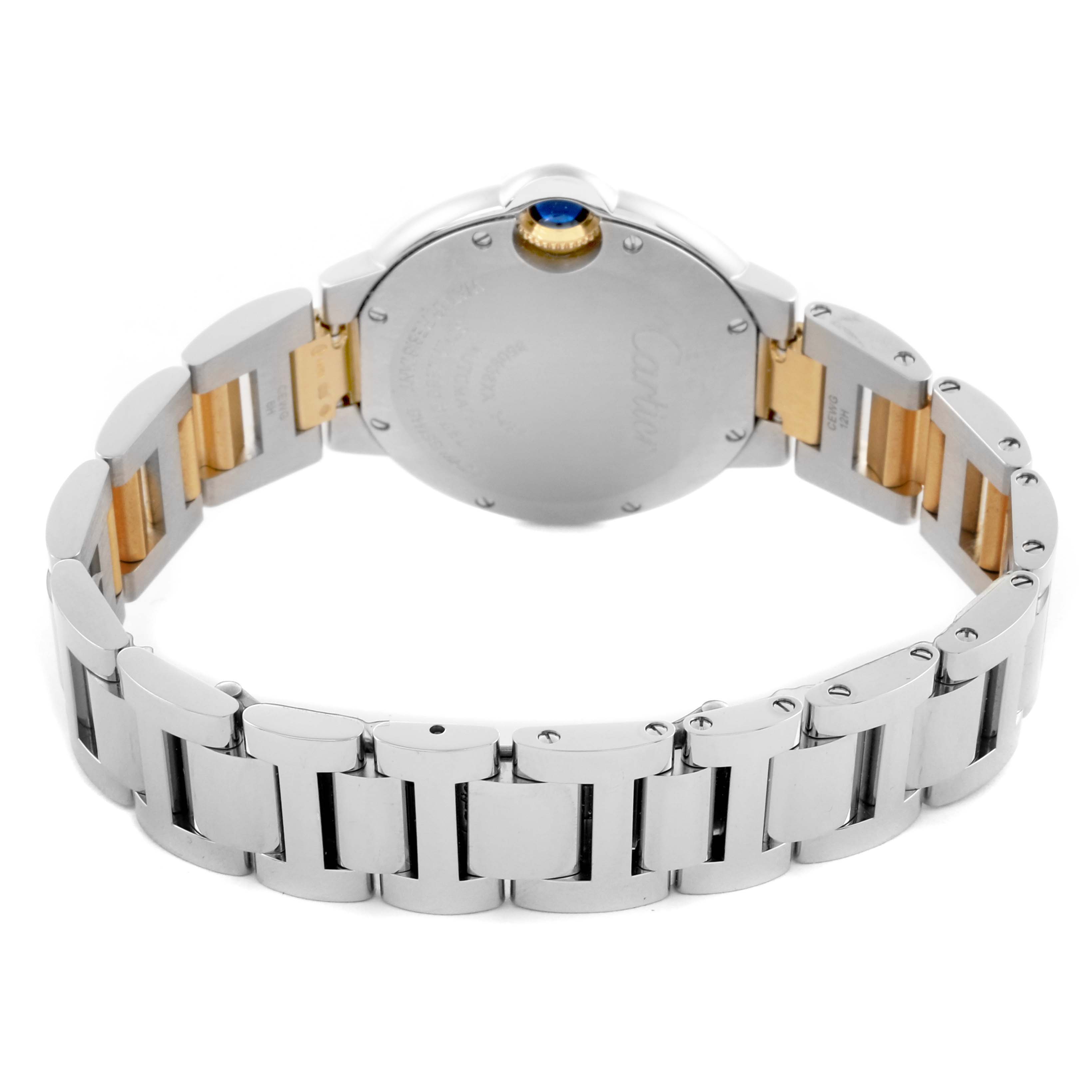 The image shows the back of a Cartier Ballon Bleu W2BB0002 Women's Steel and Gold (two tone) Silver Dial W2BB0002 Women's Steel and Gold (two tone) Silver Dial watch focused on the bracelet and case back.