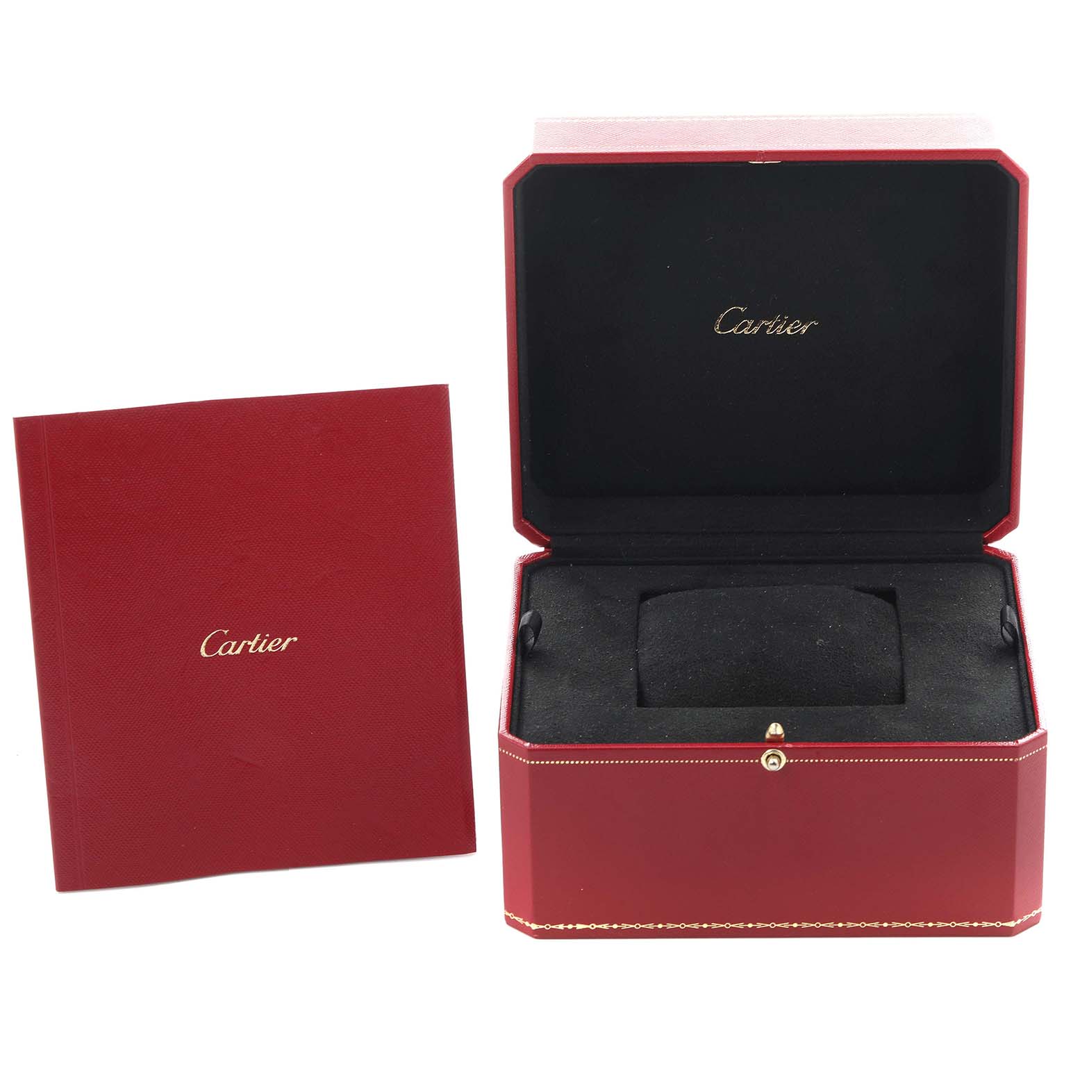 This image shows an open Cartier Ballon Bleu W2BB0002 Women's Steel and Gold (two tone) Silver Dial W2BB0002 Women's Steel and Gold (two tone) Silver Dial watch box and a matching booklet from a front angle.