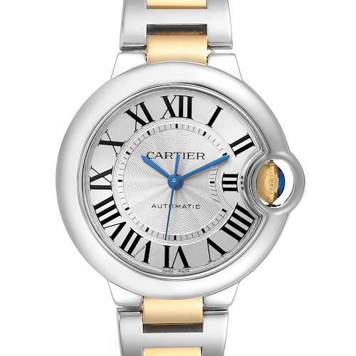 The Cartier Ballon Bleu watch is shown front-facing, highlighting the dial, Roman numerals, and a metallic bracelet.