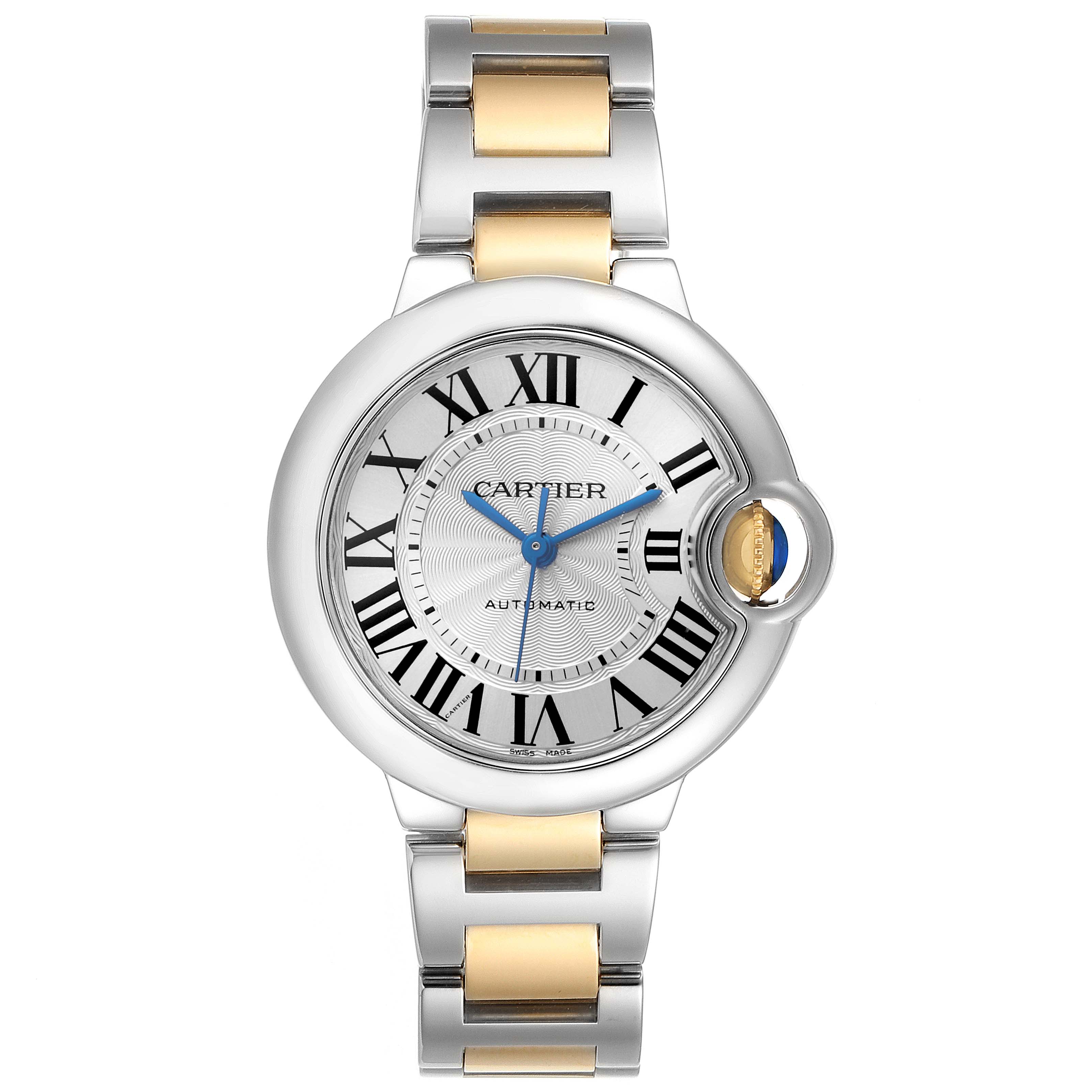 The Cartier Ballon Bleu W2BB0002 Women's Steel and Gold (two tone) Silver Dial W2BB0002 Women's Steel and Gold (two tone) Silver Dial watch is shown from a front angle, displaying the dial, case, crown, and bracelet.