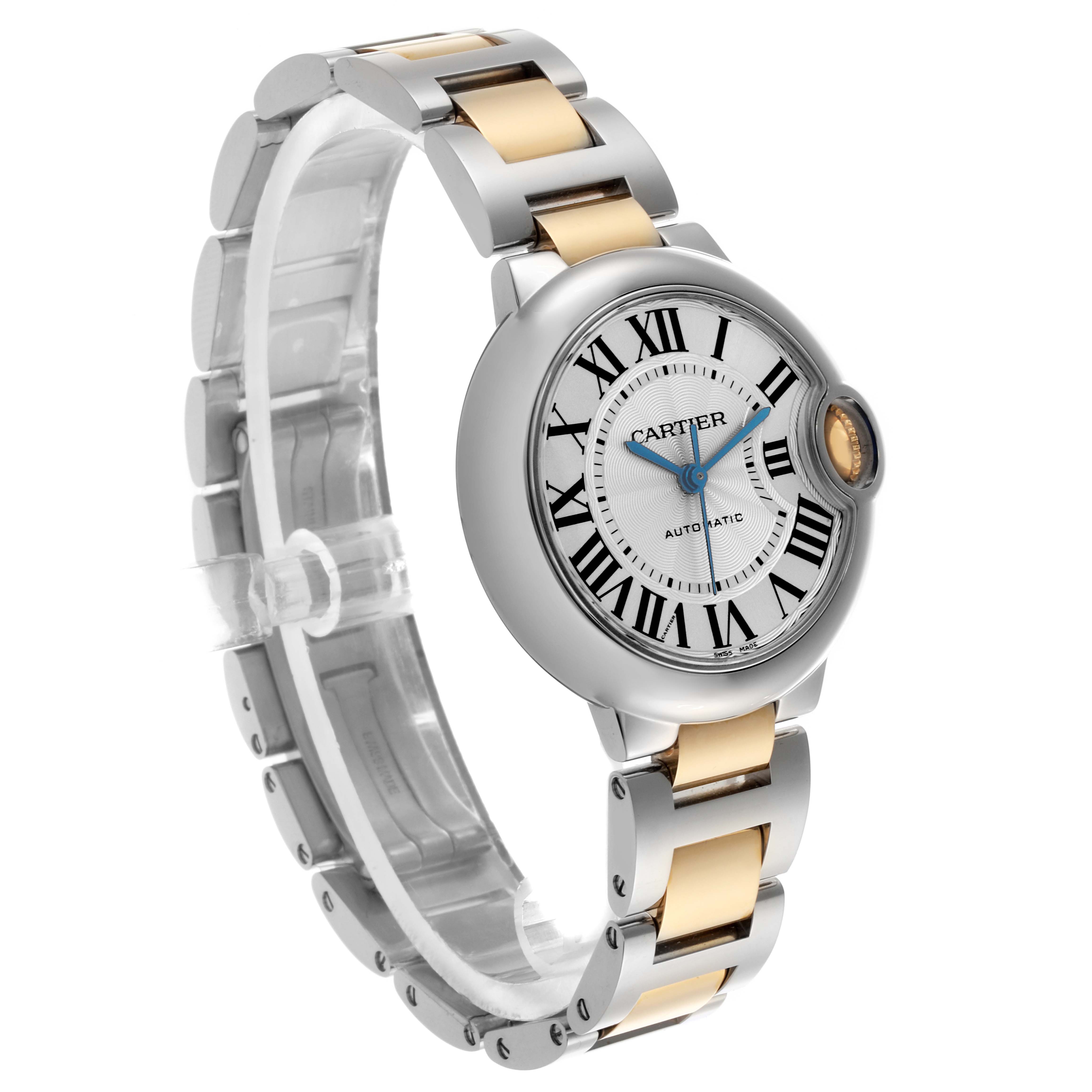 The Cartier Ballon Bleu W2BB0002 Women's Steel and Gold (two tone) Silver Dial W2BB0002 Women's Steel and Gold (two tone) Silver Dial watch is shown at a three-quarter angle, highlighting the face, bezel, and bracelet.