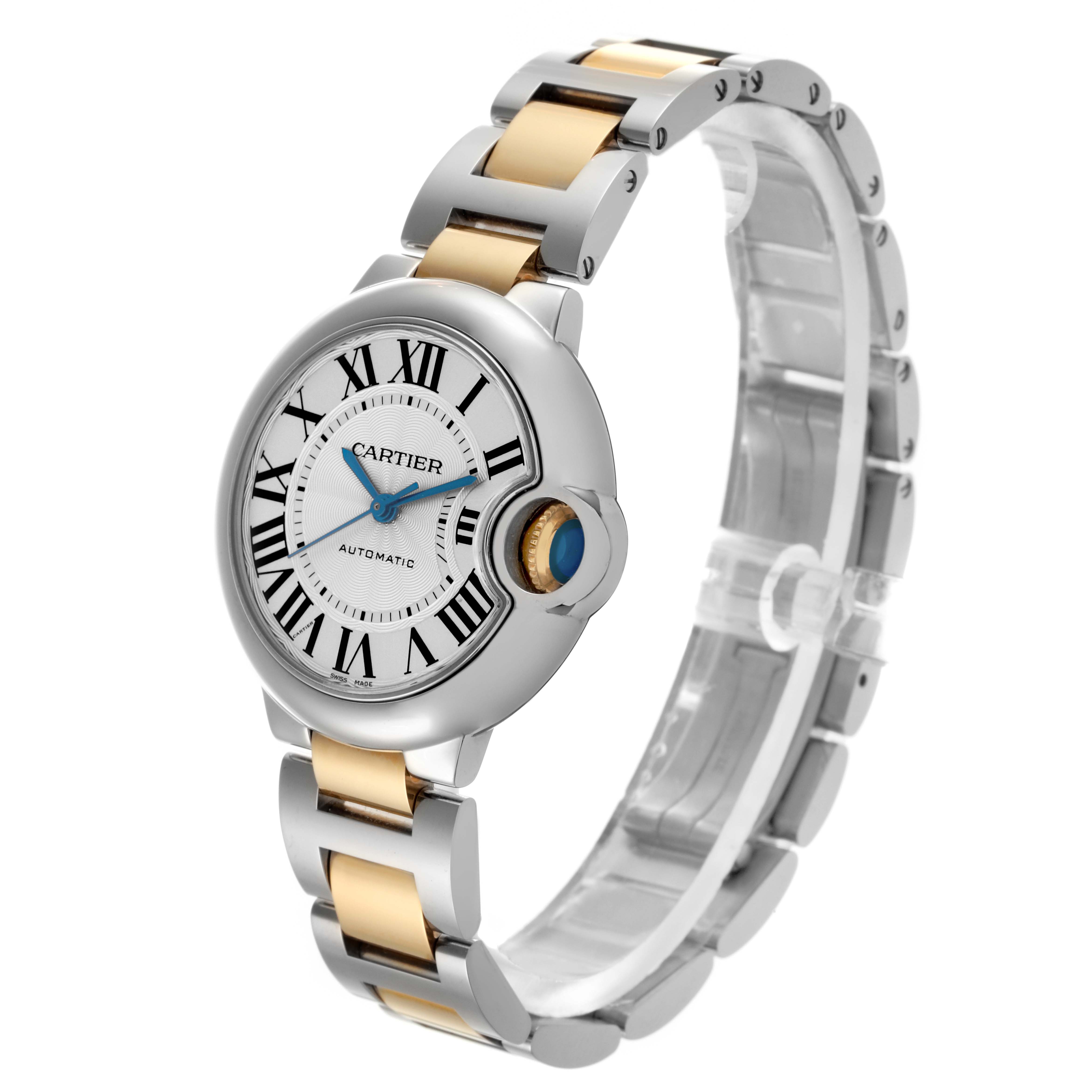 The Cartier Ballon Bleu W2BB0002 Women's Steel and Gold (two tone) Silver Dial W2BB0002 Women's Steel and Gold (two tone) Silver Dial watch is shown at a three-quarter angle, displaying the face, crown, and two-tone bracelet.