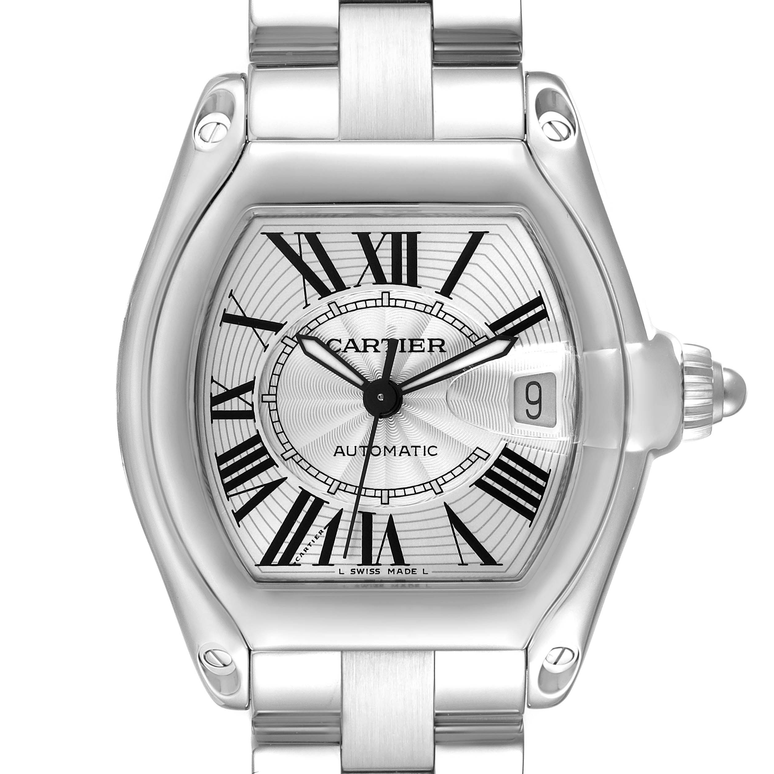 The image shows a front view of the Cartier Roadster W62025V3 Men's Stainless Steel Silver Dial W62025V3 Men's Stainless Steel Silver Dial watch, highlighting the dial, hands, Roman numerals, and date window.