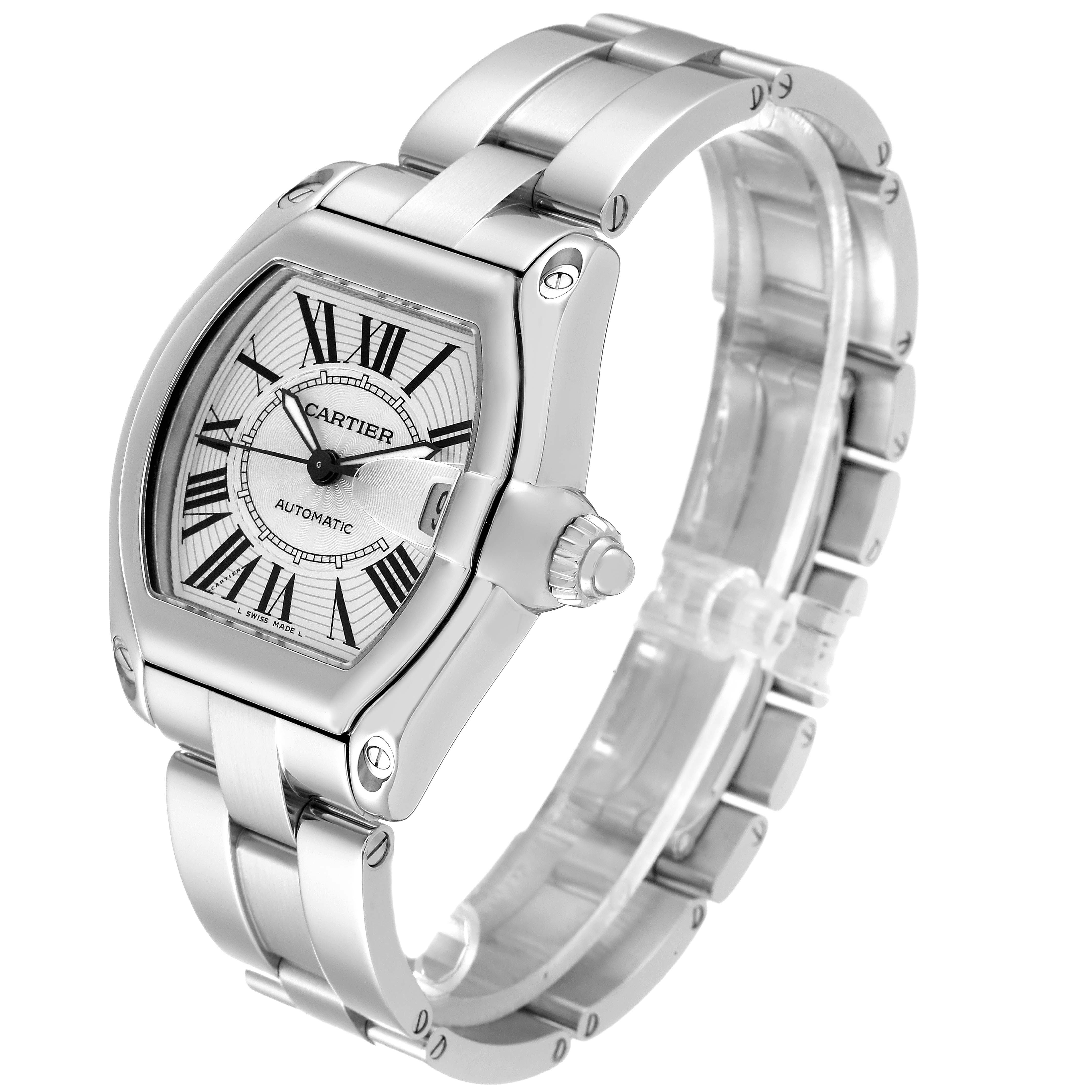 The image shows the Cartier Roadster W62025V3 Men's Stainless Steel Silver Dial W62025V3 Men's Stainless Steel Silver Dial watch at a three-quarters angle, highlighting the face, bracelet, and crown.