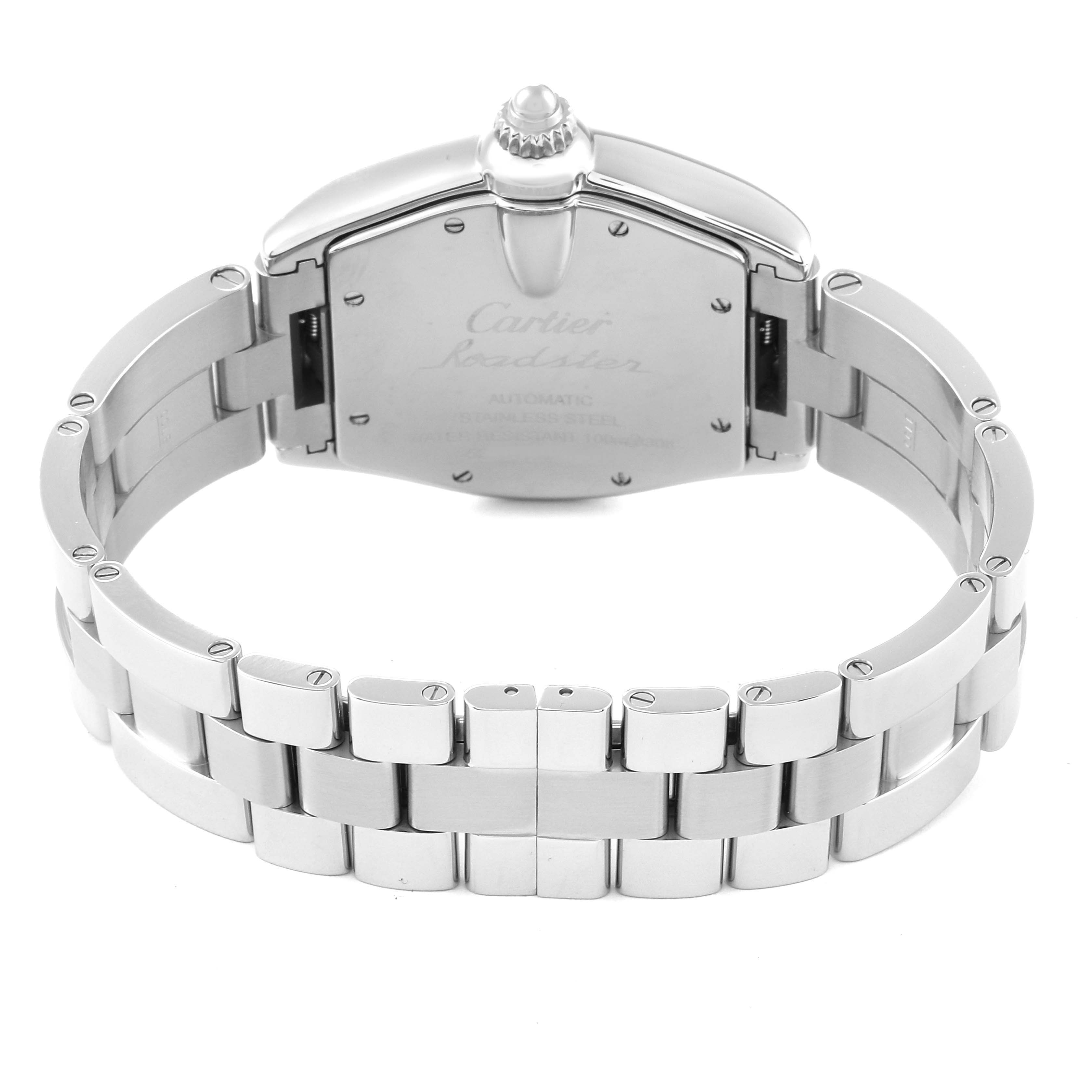 This image shows the back and bracelet of a Cartier Roadster W62025V3 Men's Stainless Steel Silver Dial W62025V3 Men's Stainless Steel Silver Dial watch from a rear angle.