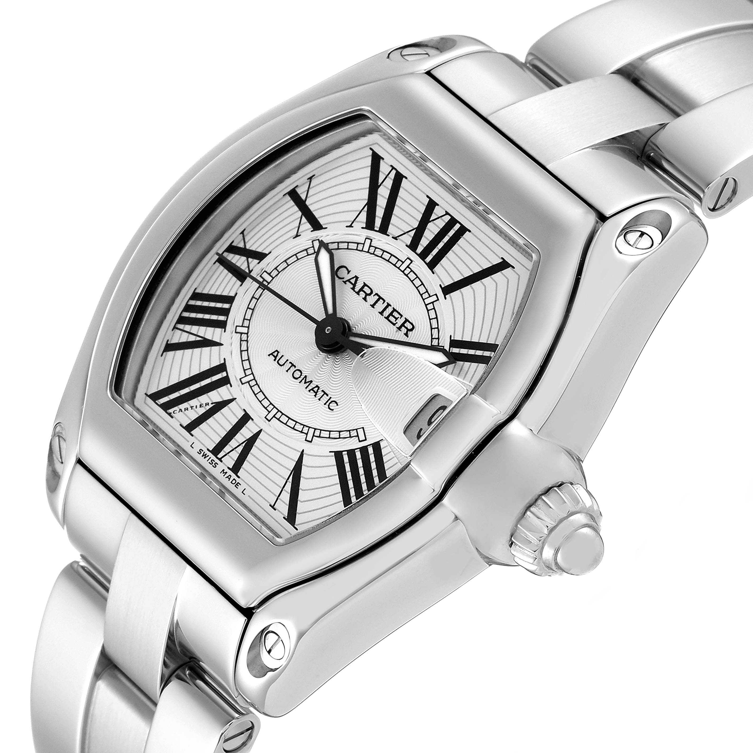 The image shows a close-up angle of the Cartier Roadster W62025V3 Men's Stainless Steel Silver Dial W62025V3 Men's Stainless Steel Silver Dial watch focusing on the dial, crown, and bracelet.