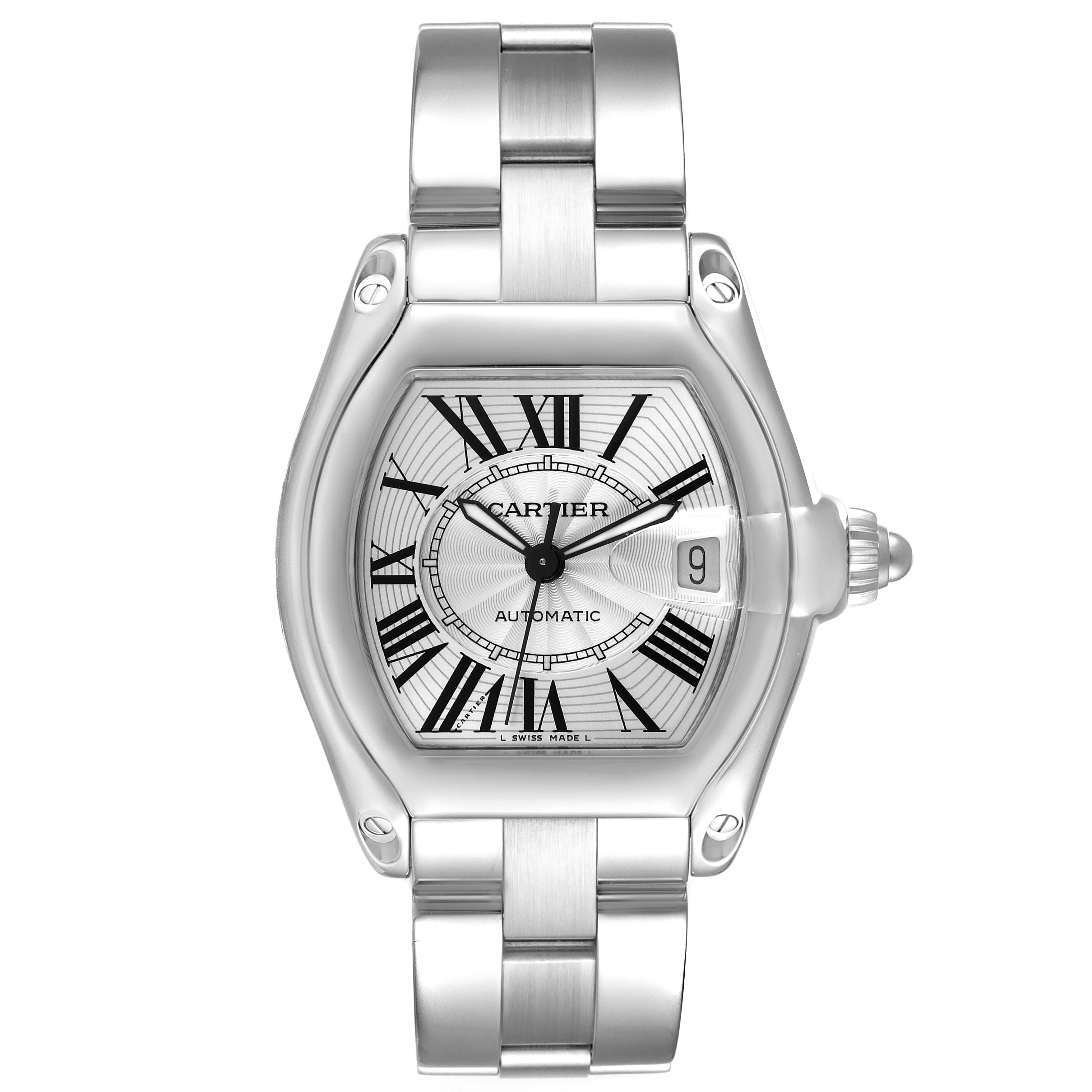 The image shows a front view of a Cartier Roadster W62025V3 Men's Stainless Steel Silver Dial W62025V3 Men's Stainless Steel Silver Dial watch, displaying its face, bracelet, and date window.