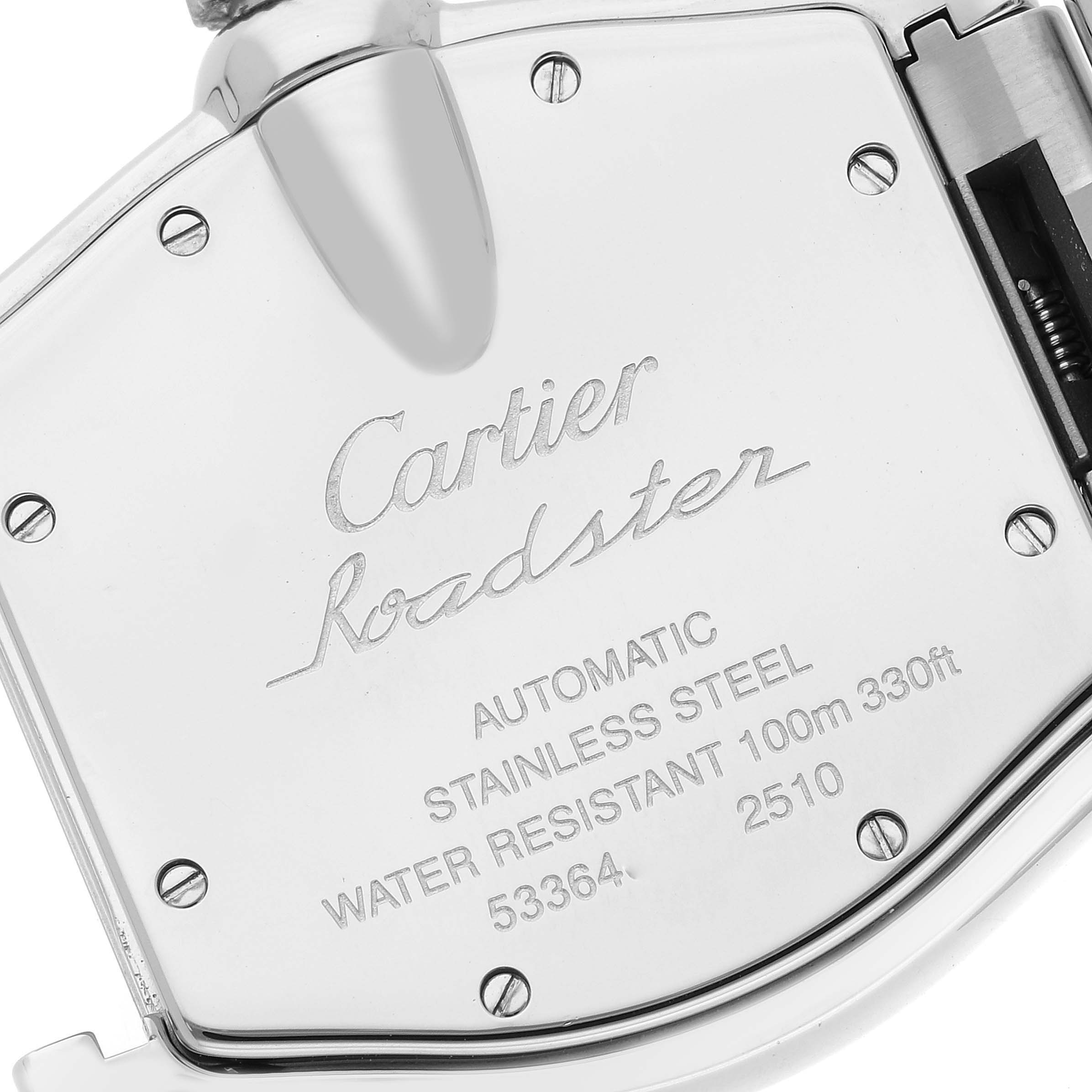 This image shows the back cover of a Cartier Roadster W62025V3 Men's Stainless Steel Silver Dial W62025V3 Men's Stainless Steel Silver Dial watch with engraved specifications.