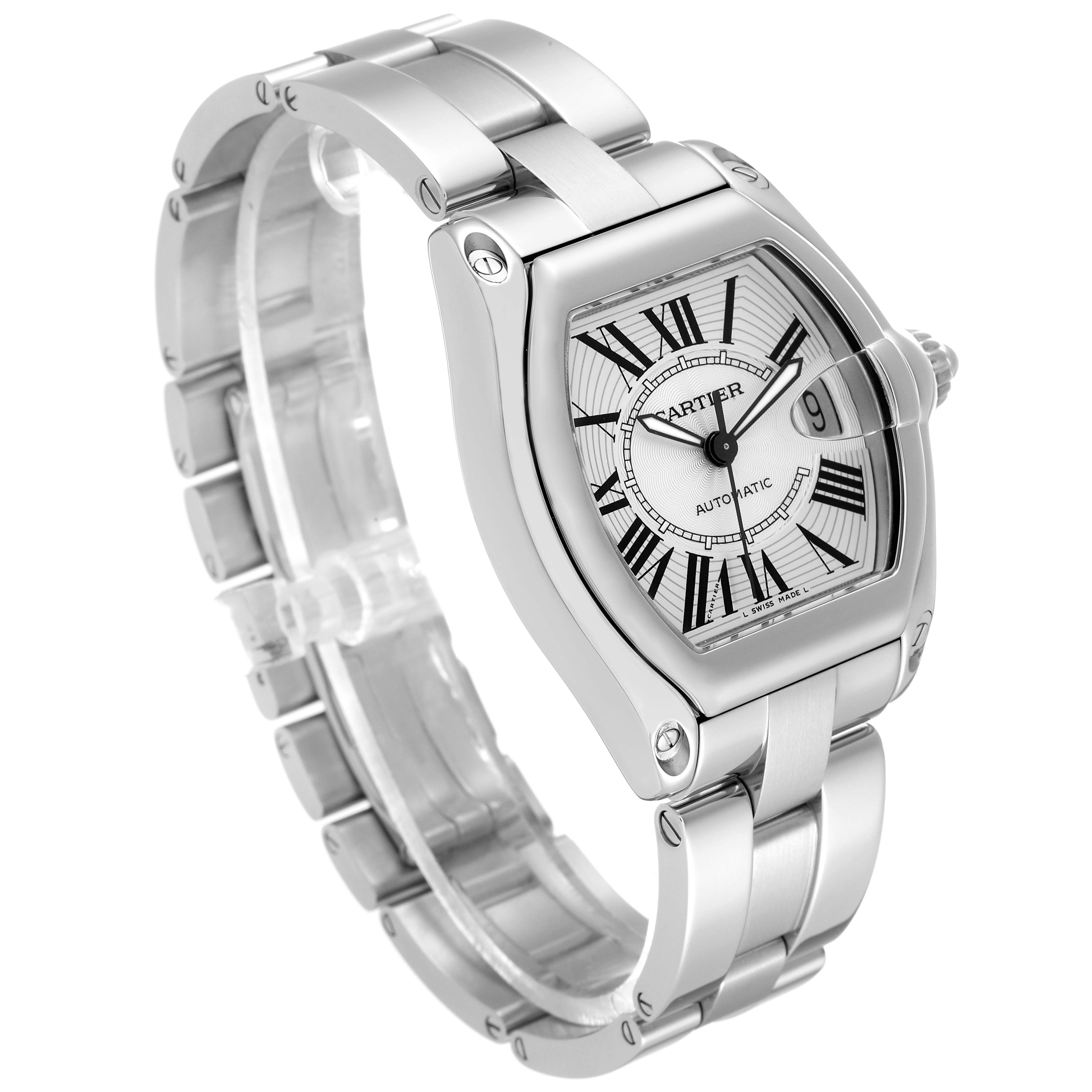 The image shows a Cartier Roadster W62025V3 Men's Stainless Steel Silver Dial W62025V3 Men's Stainless Steel Silver Dial watch at an angle highlighting the face, bracelet, and side profile.