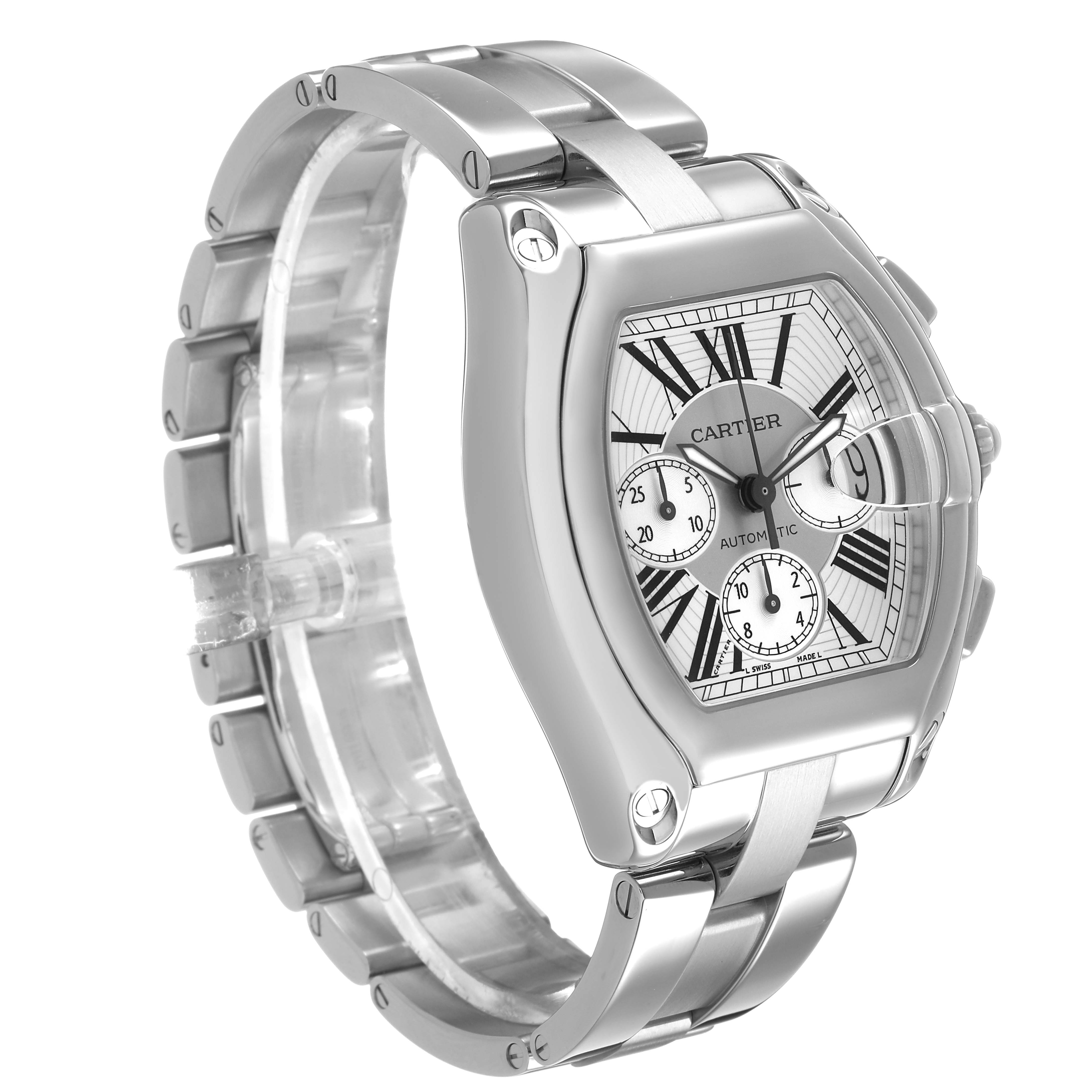 The Cartier Roadster W62019X6 Men's Stainless Steel Silver Dial watch is shown at a three-quarter angle, highlighting the face, case, and bracelet.