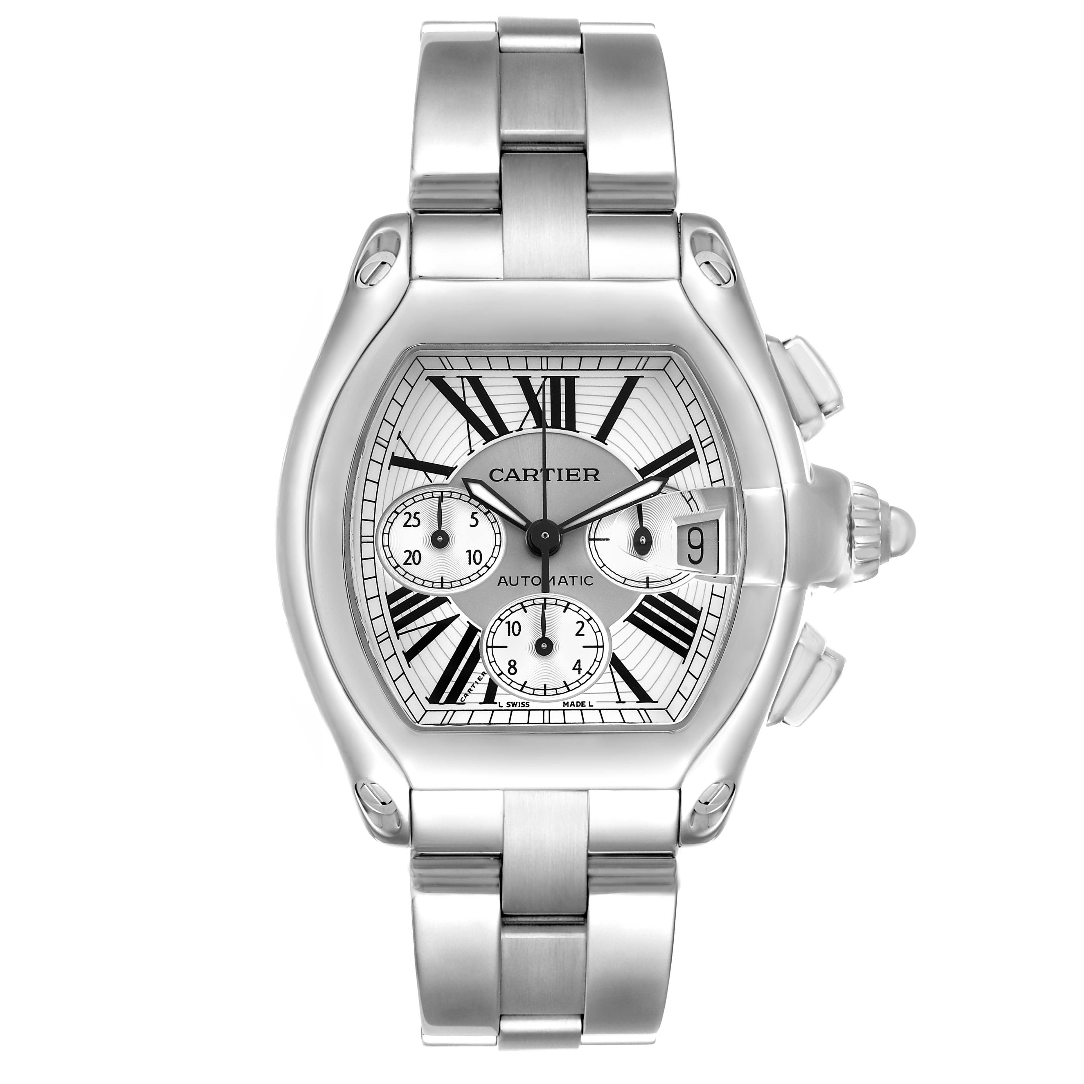 The Cartier Roadster W62019X6 Men's Stainless Steel Silver Dial watch is shown from a top view, displaying the face, bezel, and bracelet.