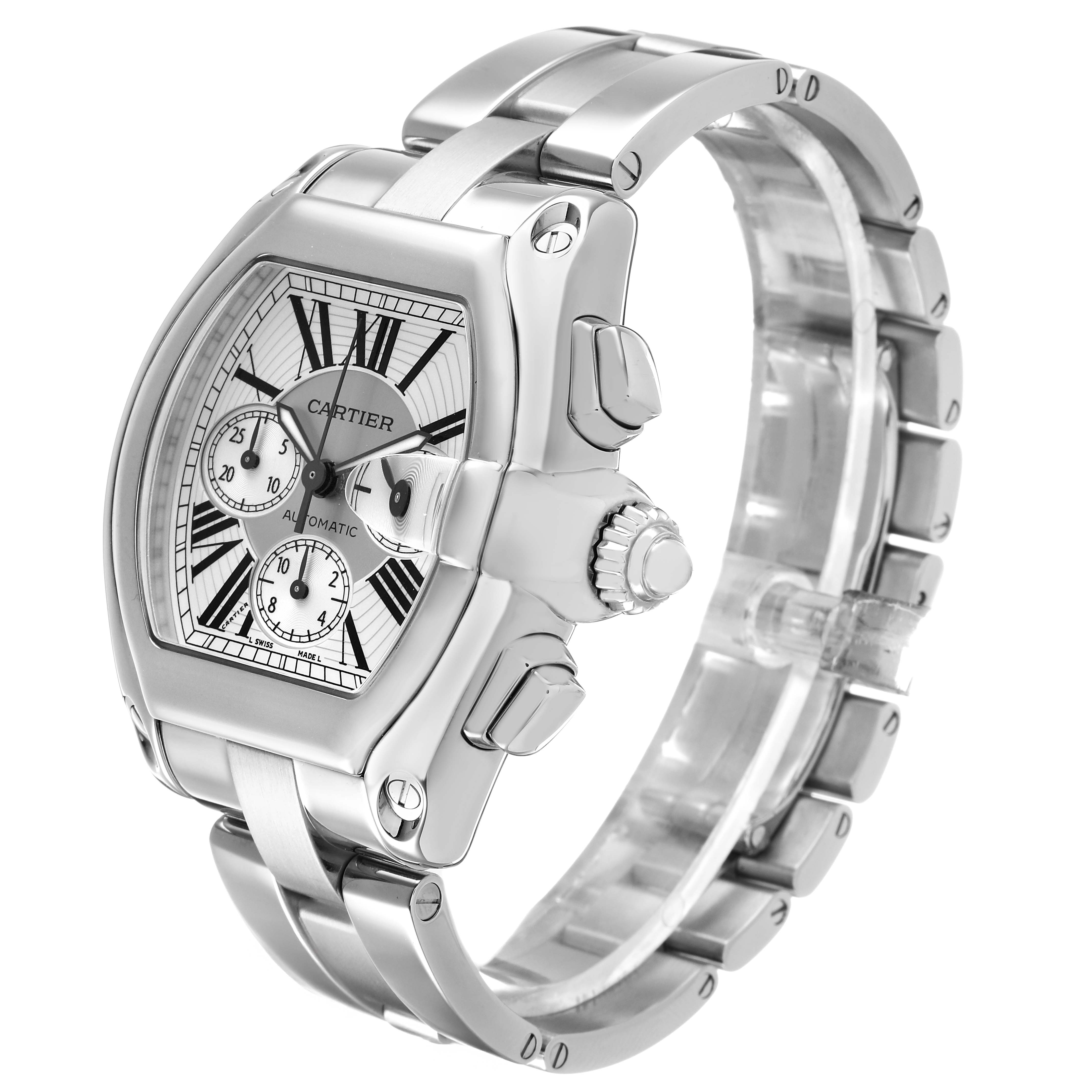 The Cartier Roadster W62019X6 Men's Stainless Steel Silver Dial watch is shown at a three-quarter angle, displaying its face, crown, and metal bracelet.