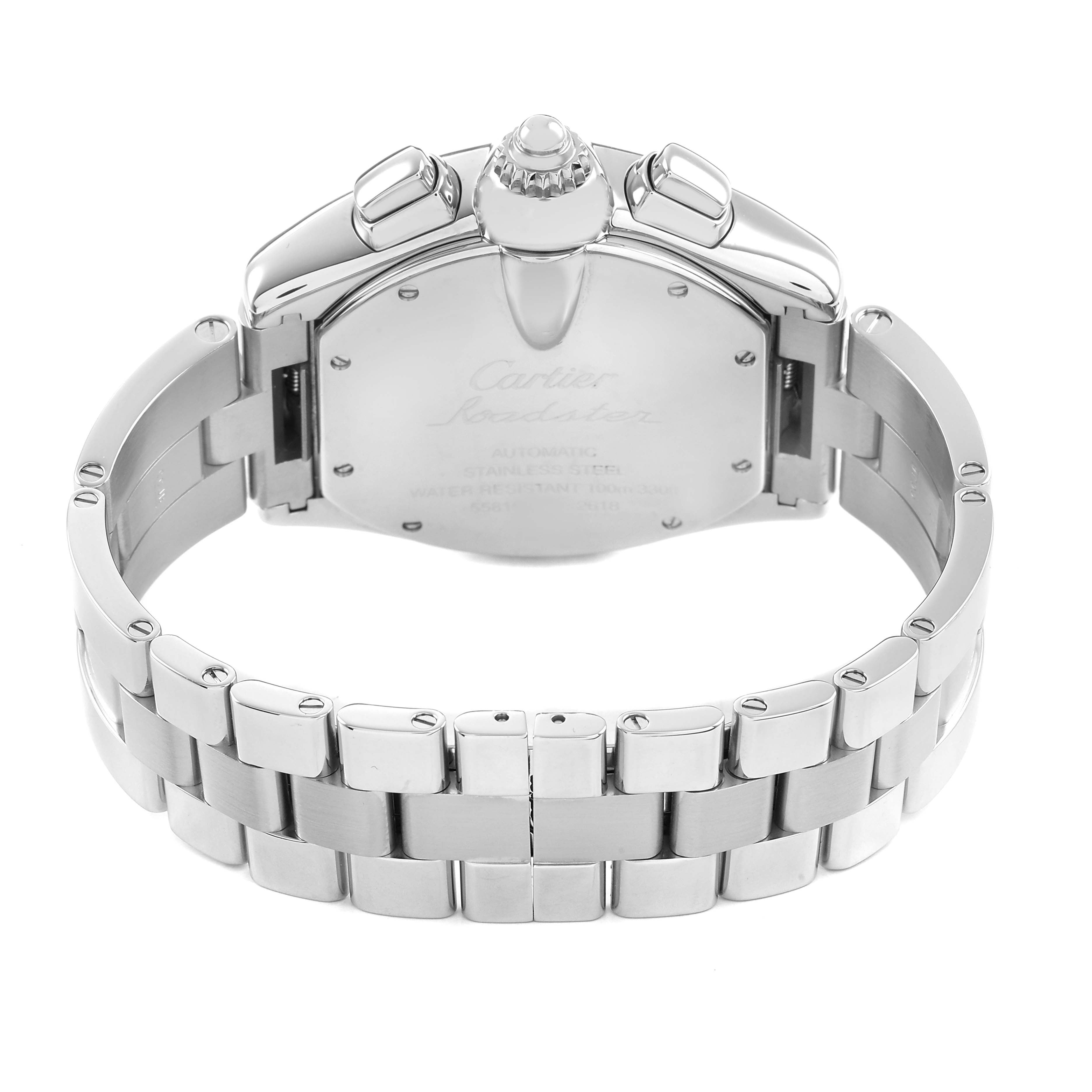 The image shows the back and bracelet of a Cartier Roadster W62019X6 Men's Stainless Steel Silver Dial watch with a view of the clasp and crown.