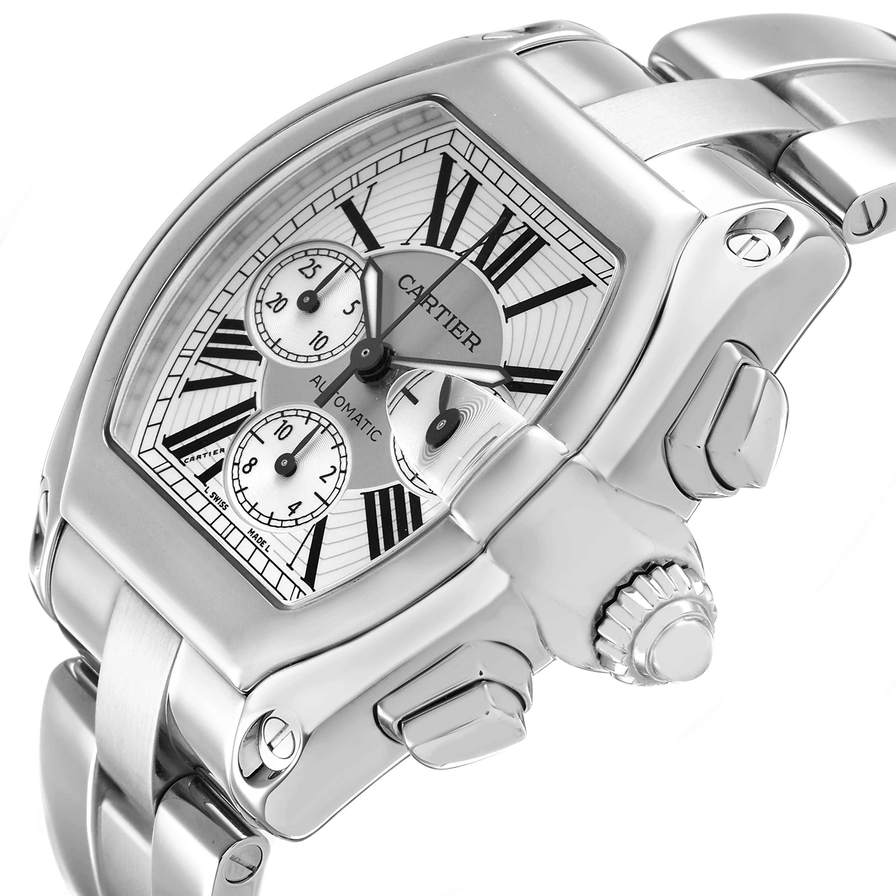 The Cartier Roadster W62019X6 Men's Stainless Steel Silver Dial watch is shown at an angled close-up, highlighting its dial, crown, and part of the bracelet.