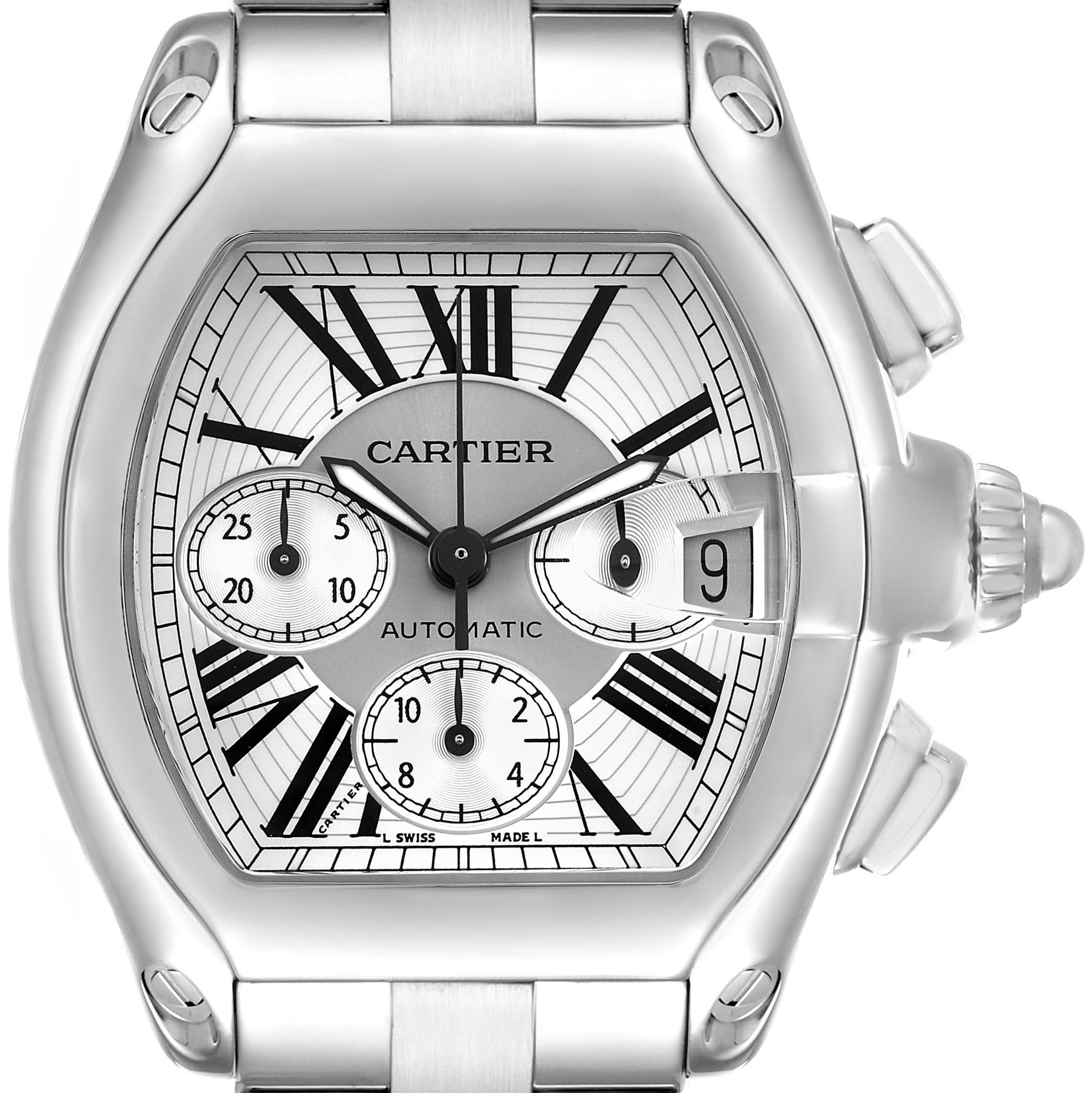 The Cartier Roadster W62019X6 Men's Stainless Steel Silver Dial watch is shown from a front angle, displaying the dial, subdials, and side crown.