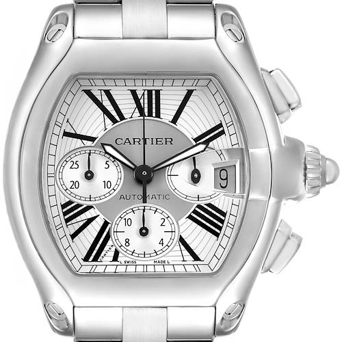 The Cartier Roadster W62019X6 Men's Stainless Steel Silver Dial watch is shown from a front angle, highlighting the dial, bracelet, crown, and subdials.
