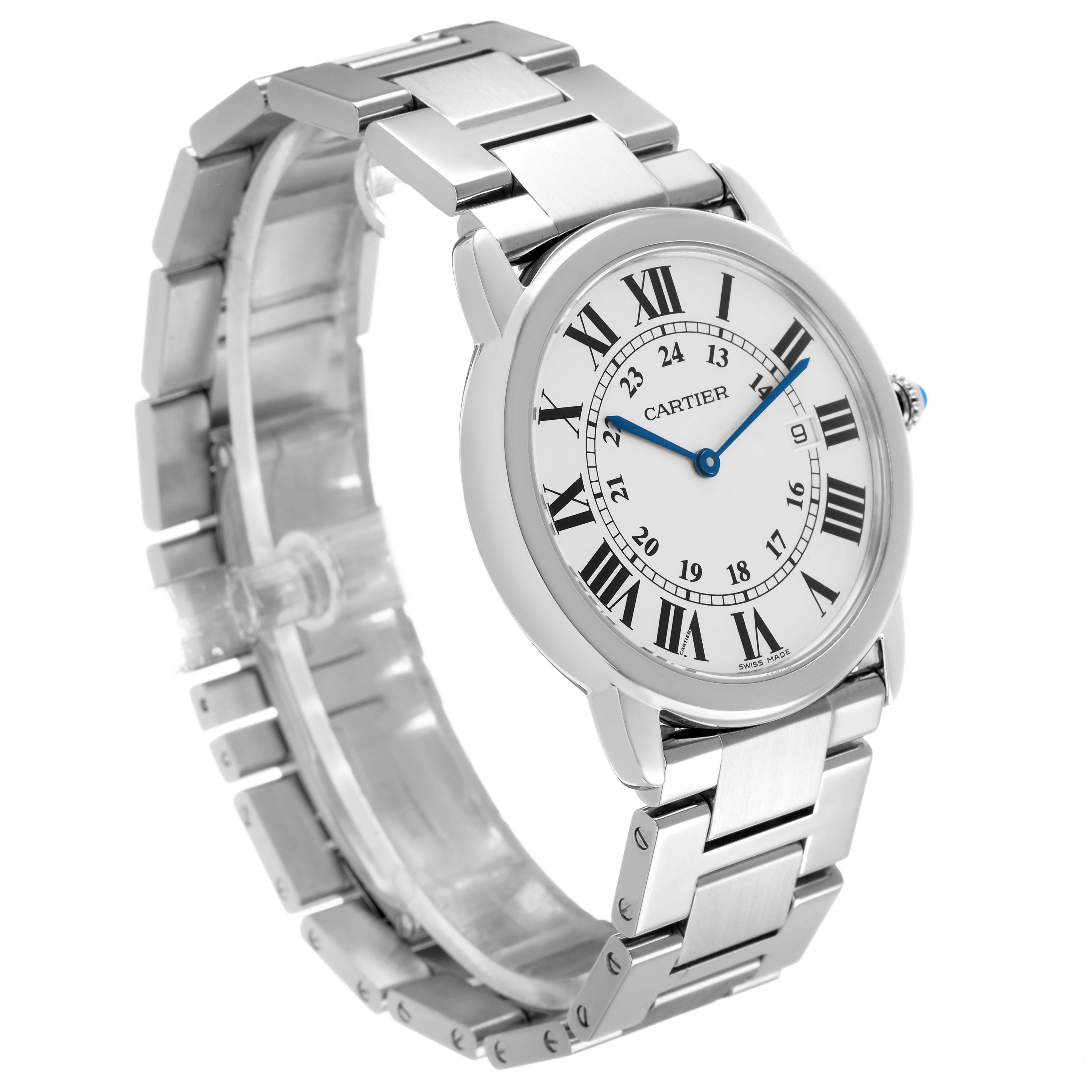The Cartier Ronde W6701005 Men's Stainless Steel Silver Dial watch is shown at a three-quarter angle, displaying its face, Roman numerals, and metal bracelet.