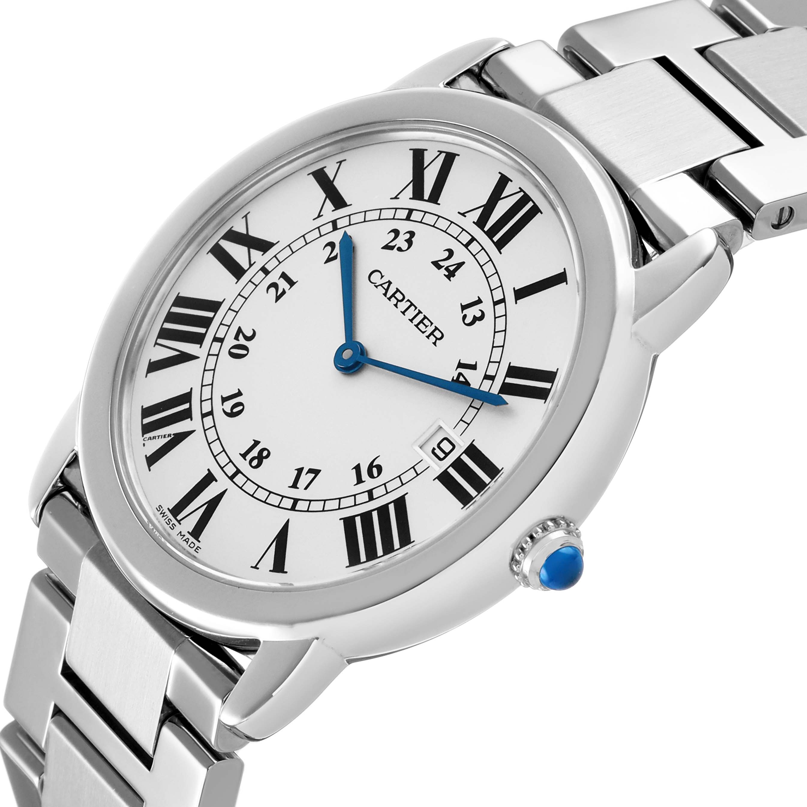 The Cartier Ronde W6701005 Men's Stainless Steel Silver Dial watch is shown at an angled side view, displaying its face, crown, and parts of the metal bracelet.