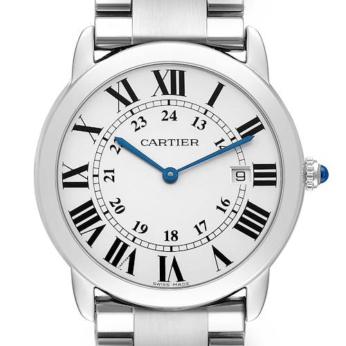 The image shows a frontal view of the Cartier Ronde W6701005 Men's Stainless Steel Silver Dial watch, highlighting its face, Roman numerals, and metal bracelet.