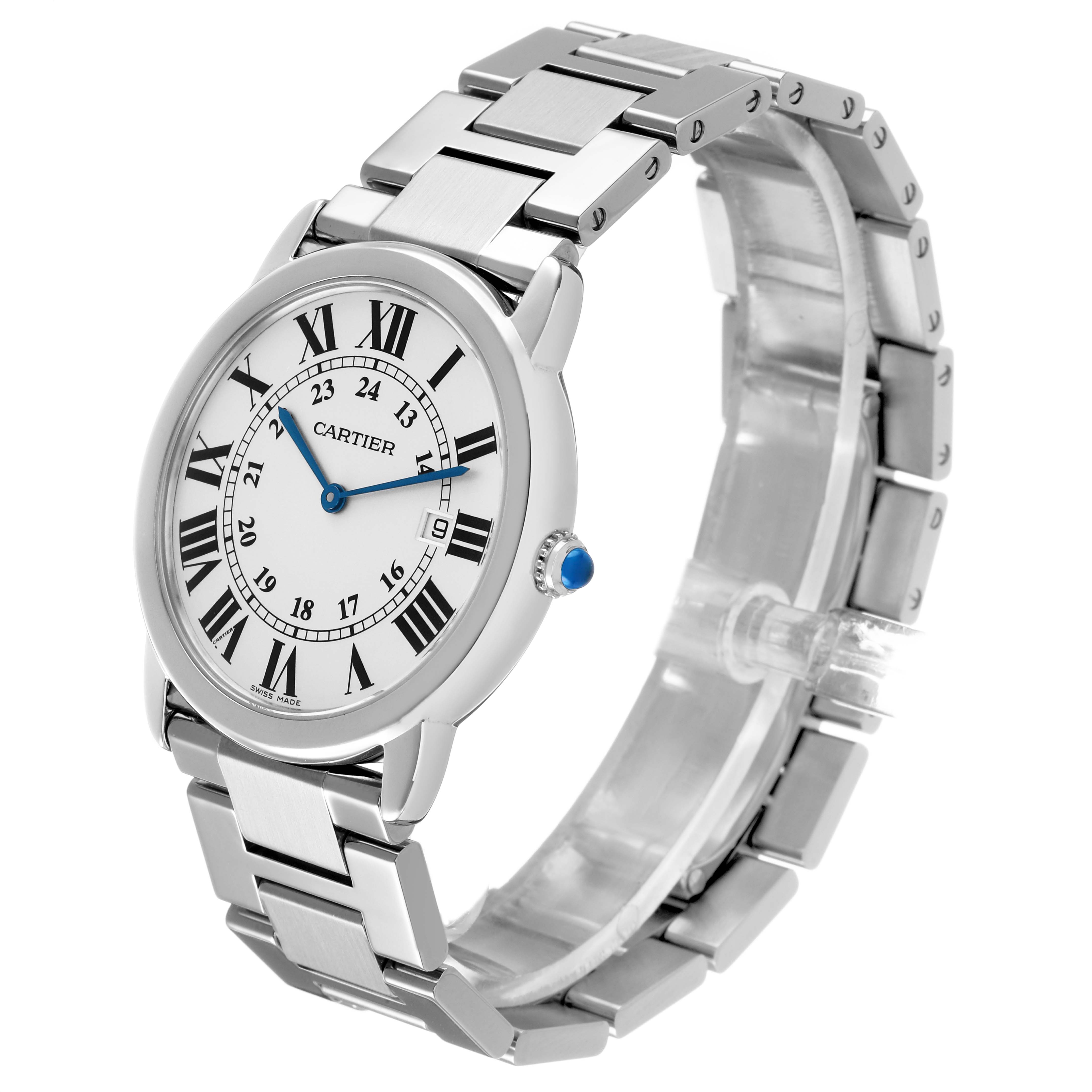 The Cartier Ronde W6701005 Men's Stainless Steel Silver Dial watch is shown at a three-quarter angle, displaying its bracelet, face, and crown.
