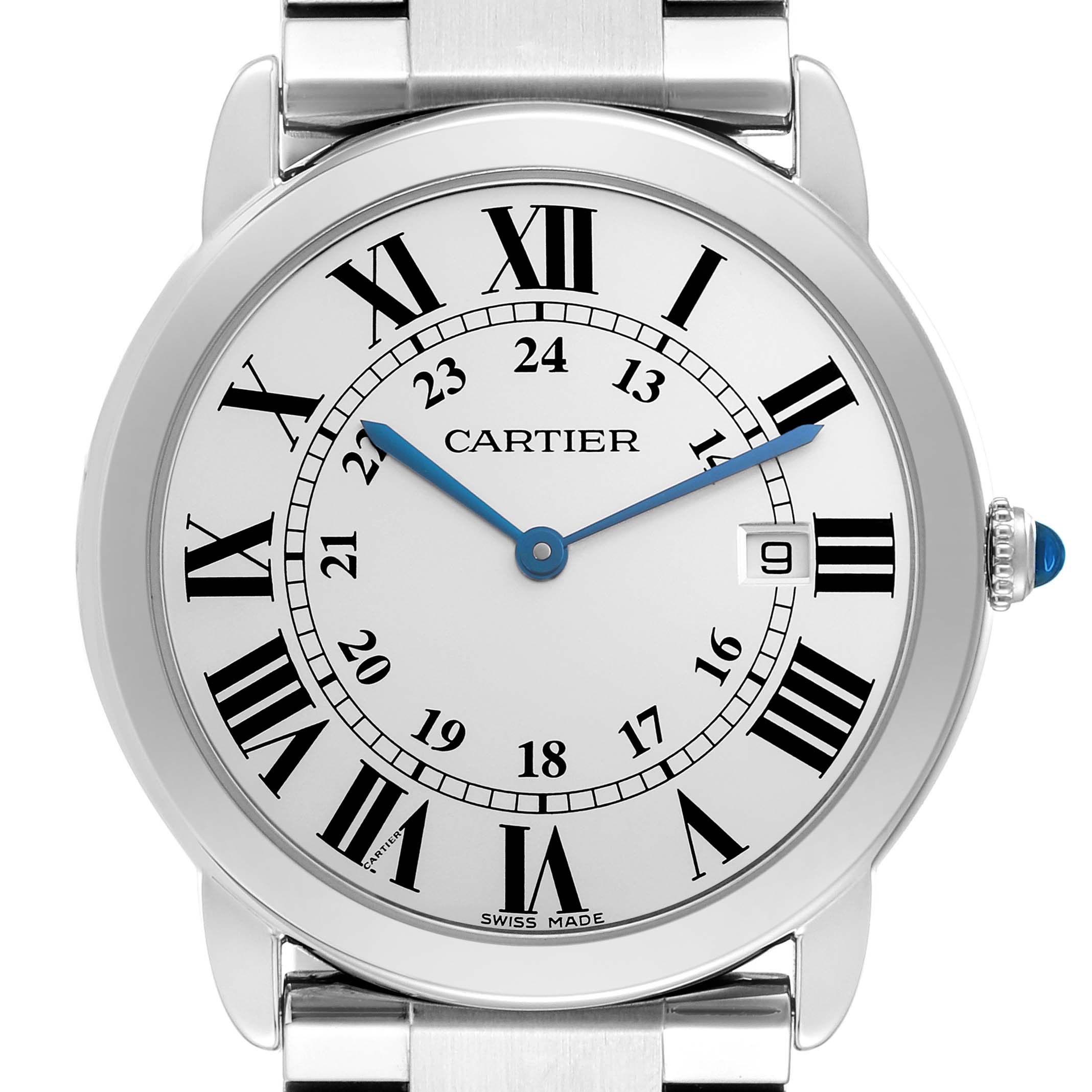 The Cartier Ronde W6701005 Men
s Stainless Steel Silver Dial W6701005 Men
s Stainless Steel Silver Dial watch is shown from a front view, highlighting its dial, Roman numerals, blue hands, and date window.