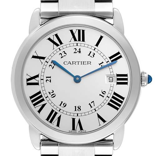 The Cartier Ronde watch is shown from the front, displaying its dial, blue hands, Roman numerals, and date window.