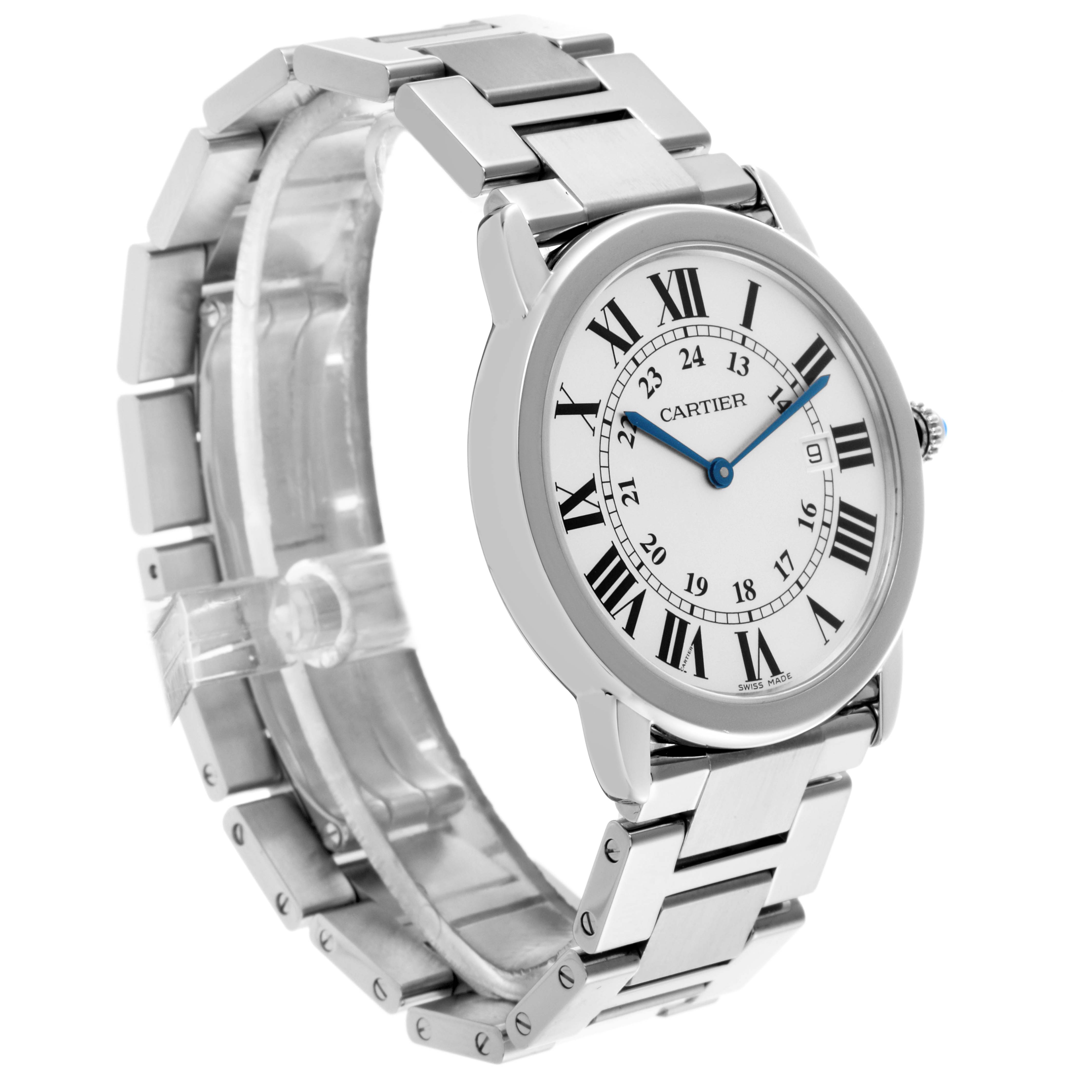 The Cartier Ronde W6701005 Men
s Stainless Steel Silver Dial W6701005 Men
s Stainless Steel Silver Dial watch is shown at a three-quarter angle, displaying the face, bezel, and stainless steel bracelet.