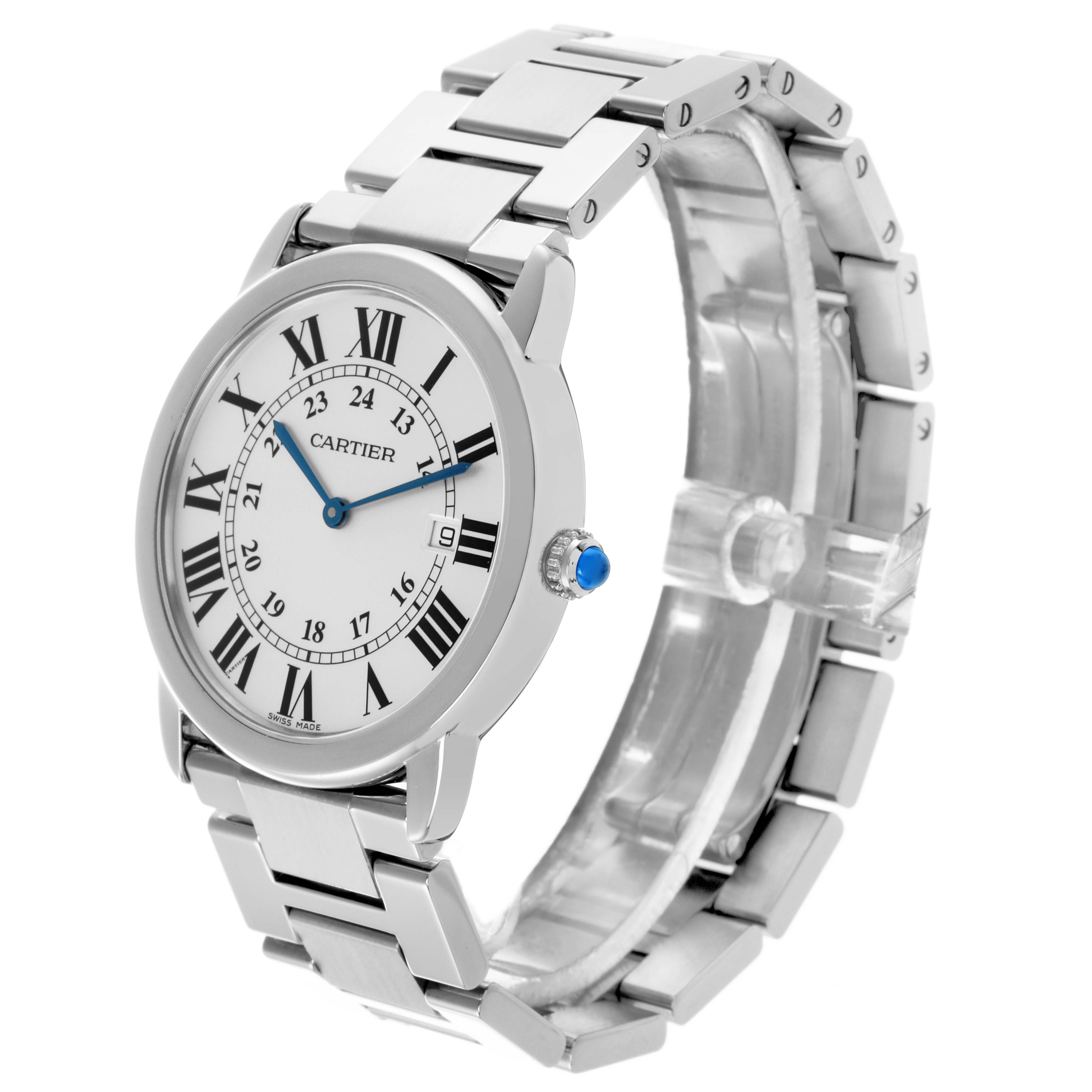The Cartier Ronde W6701005 Men
s Stainless Steel Silver Dial W6701005 Men
s Stainless Steel Silver Dial watch is shown at an angled view, displaying the face, crown, and stainless steel bracelet.