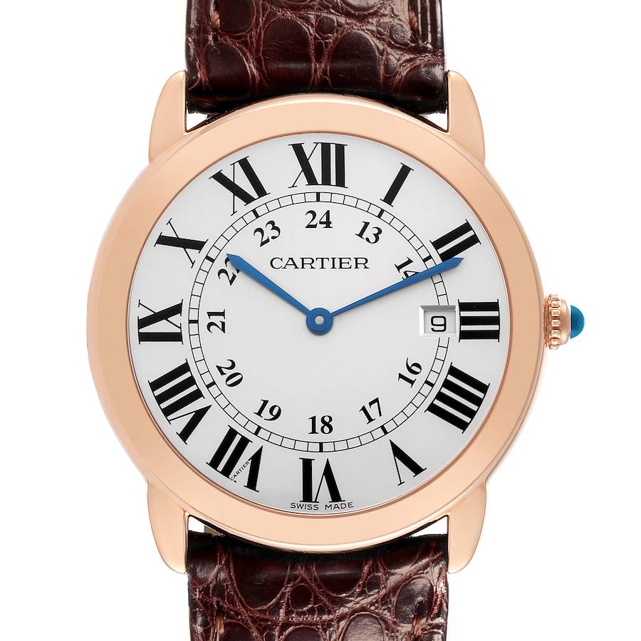 The Cartier Ronde watch is shown from the front, displaying the dial, hands, crown, and part of the leather strap.