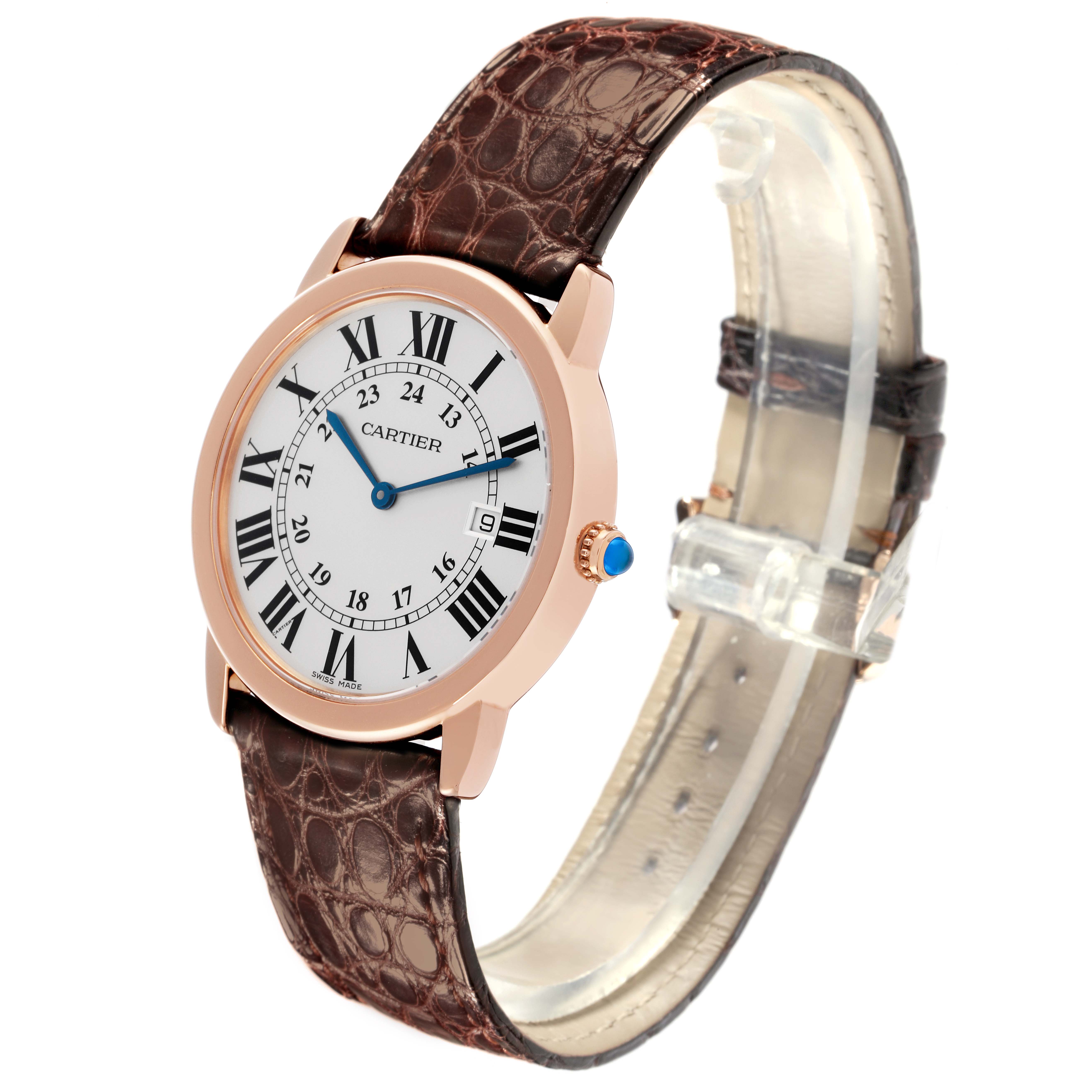 The Cartier Ronde W6701008 Men's Steel and Gold (two tone) Silver Dial W6701008 Men's Steel and Gold (two tone) Silver Dial watch is shown at a three-quarter angle displaying the face, bezel, crown, and leather strap.