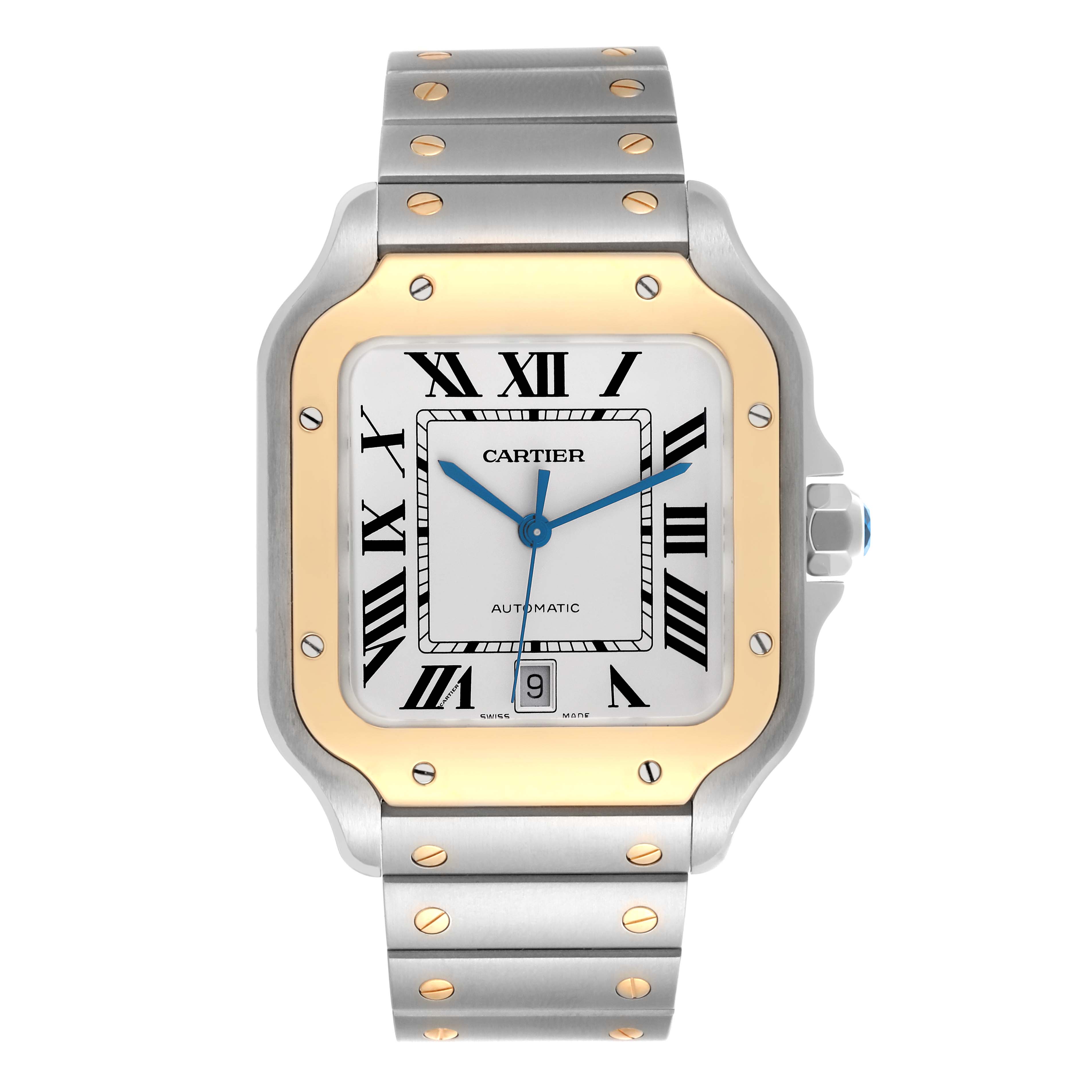 The Cartier Santos W2SA0009 Men's Steel and Gold (two tone) Silver Dial W2SA0009 Men's Steel and Gold (two tone) Silver Dial watch is shown from the front, highlighting the dial, bezel, and bracelet.