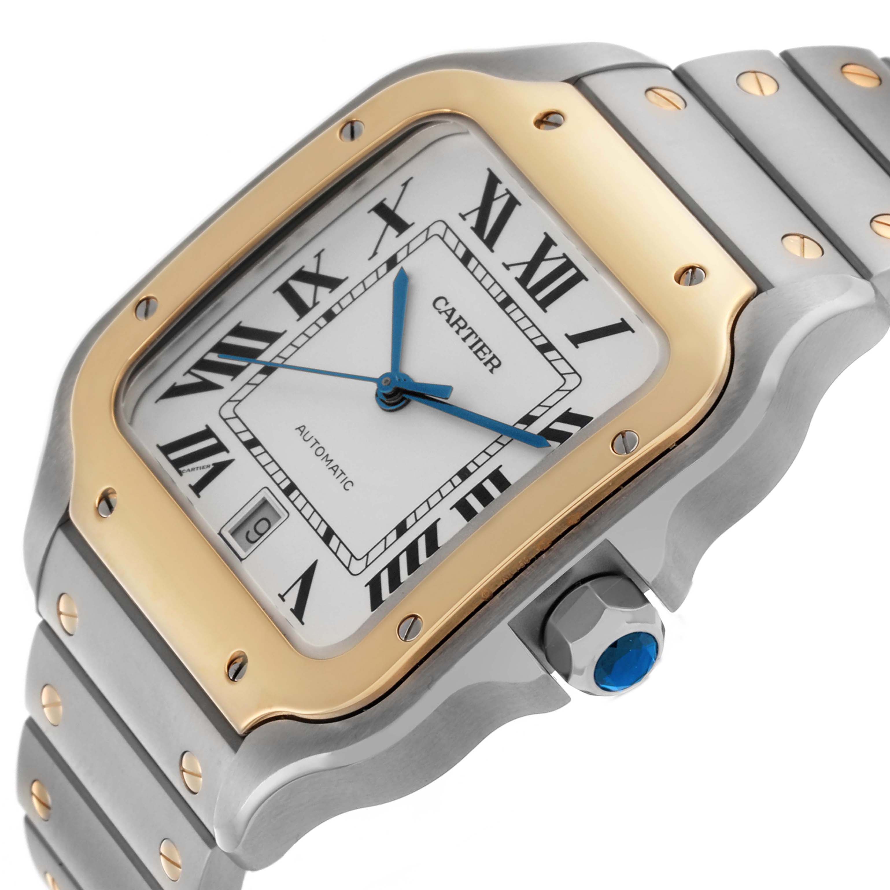 The Cartier Santos W2SA0009 Men's Steel and Gold (two tone) Silver Dial W2SA0009 Men's Steel and Gold (two tone) Silver Dial watch is shown at an angled view, highlighting the dial, bezel, crown, and bracelet details.