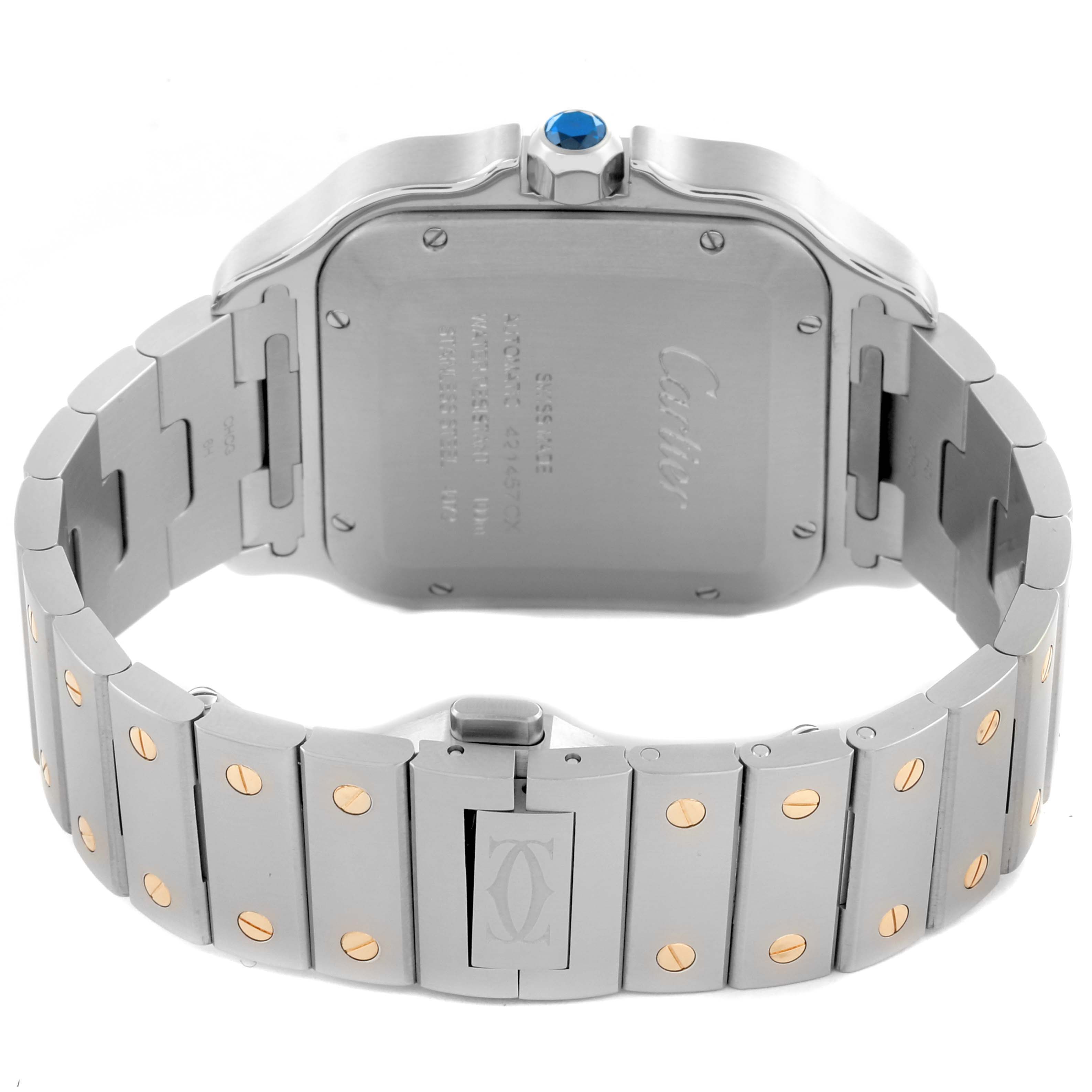 The image shows the back of a Cartier Santos W2SA0009 Men's Steel and Gold (two tone) Silver Dial W2SA0009 Men's Steel and Gold (two tone) Silver Dial watch, highlighting the case, bracelet, and clasp with gold screws and a blue crown.