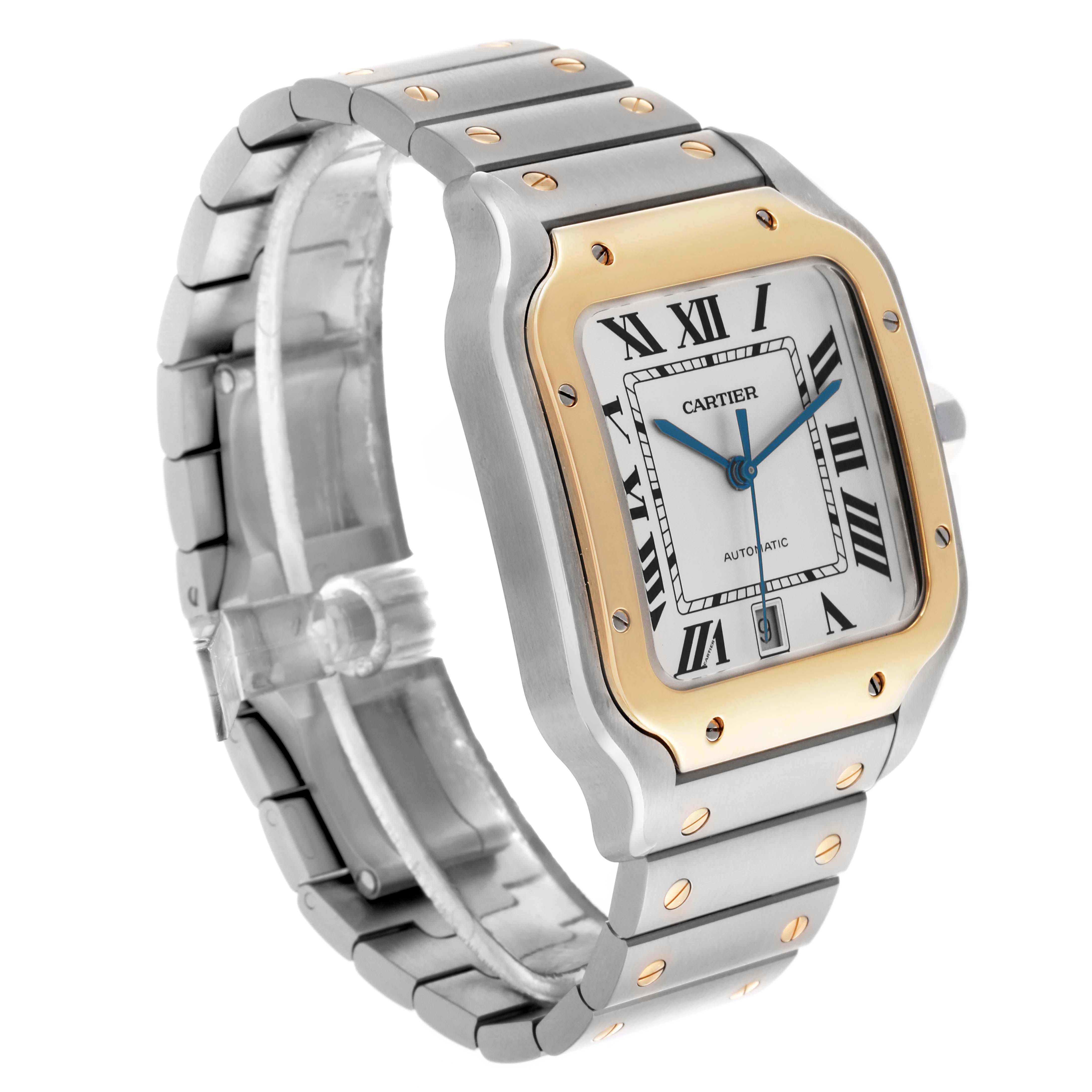The Cartier Santos W2SA0009 Men's Steel and Gold (two tone) Silver Dial W2SA0009 Men's Steel and Gold (two tone) Silver Dial watch is shown at an angled view, displaying its face, bezel, and part of the bracelet.