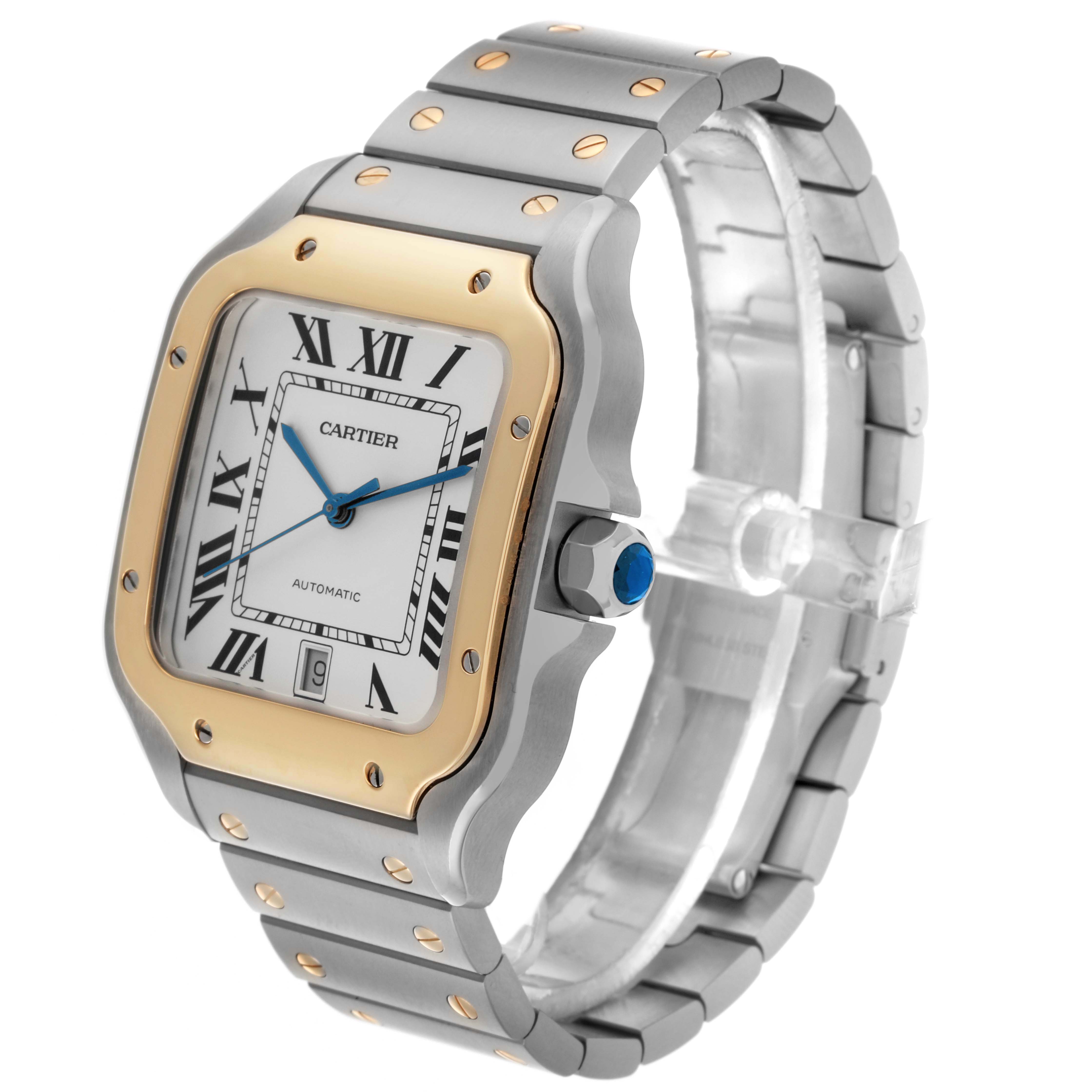 The Cartier Santos W2SA0009 Men's Steel and Gold (two tone) Silver Dial W2SA0009 Men's Steel and Gold (two tone) Silver Dial watch is shown from a front-side angle, highlighting its face, bezel, case, crown, and bracelet.