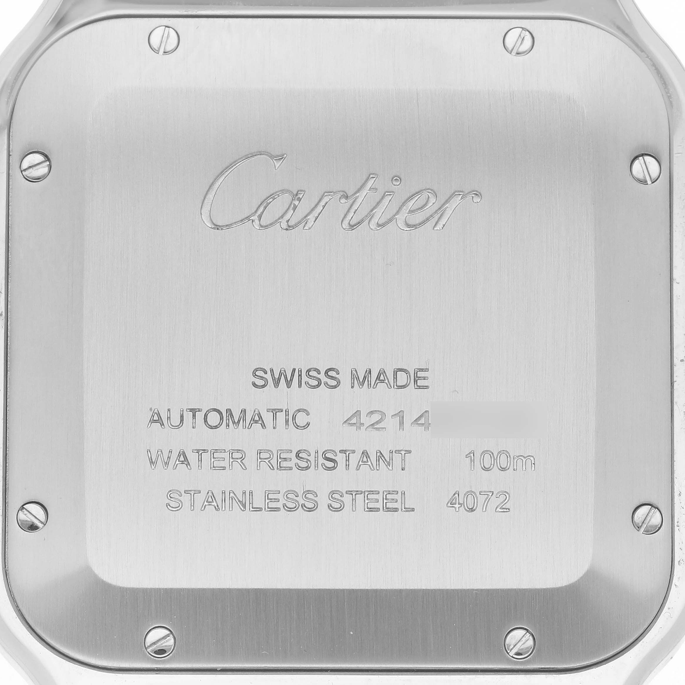 The image shows the back case of a Cartier Santos W2SA0009 Men's Steel and Gold (two tone) Silver Dial W2SA0009 Men's Steel and Gold (two tone) Silver Dial watch, featuring brand engravings and specifications.