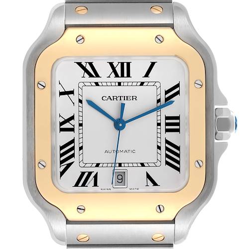 The Cartier Santos watch is shown from the front, highlighting the dial, bezel, and part of the bracelet.