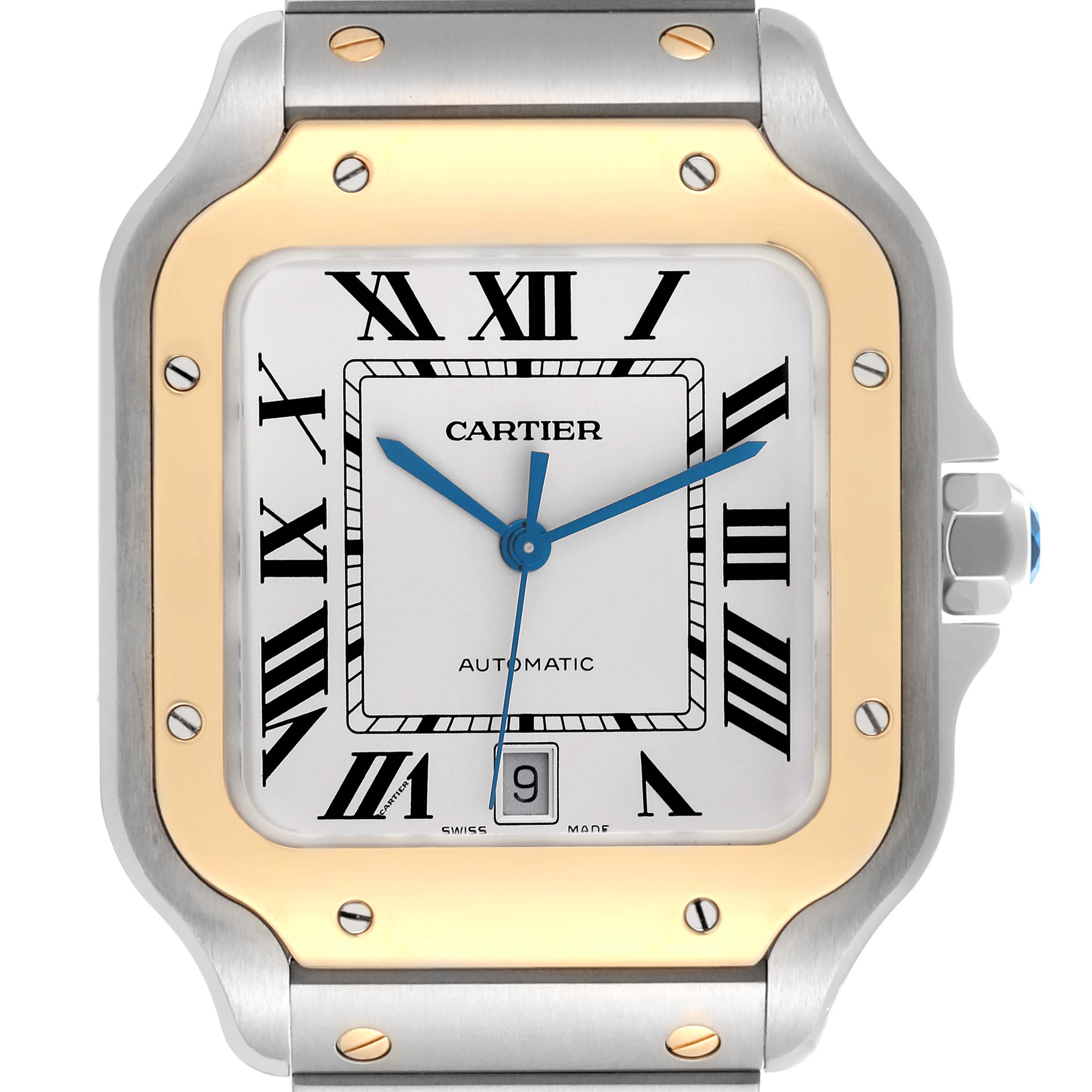 The Cartier Santos W2SA0009 Men's Steel and Gold (two tone) Silver Dial W2SA0009 Men's Steel and Gold (two tone) Silver Dial watch is shown from a top-down angle, highlighting its square face, blue hands, and combination of gold and steel bezel.