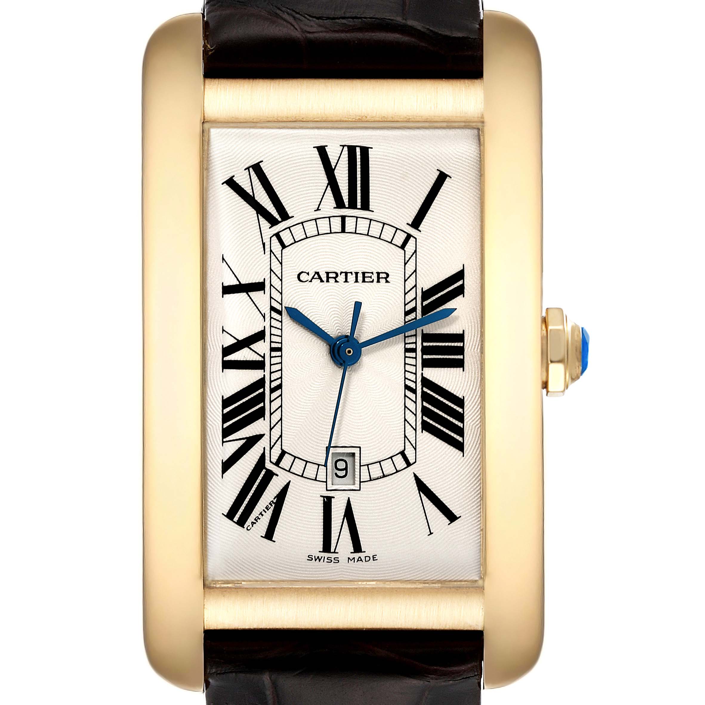 The image displays a Cartier Tank Americaine W2603156 Men
s Yellow Gold Silver Dial W2603156 Men
s Yellow Gold Silver Dial watch from a front angle, showing its rectangular face, Roman numerals, and leather strap.