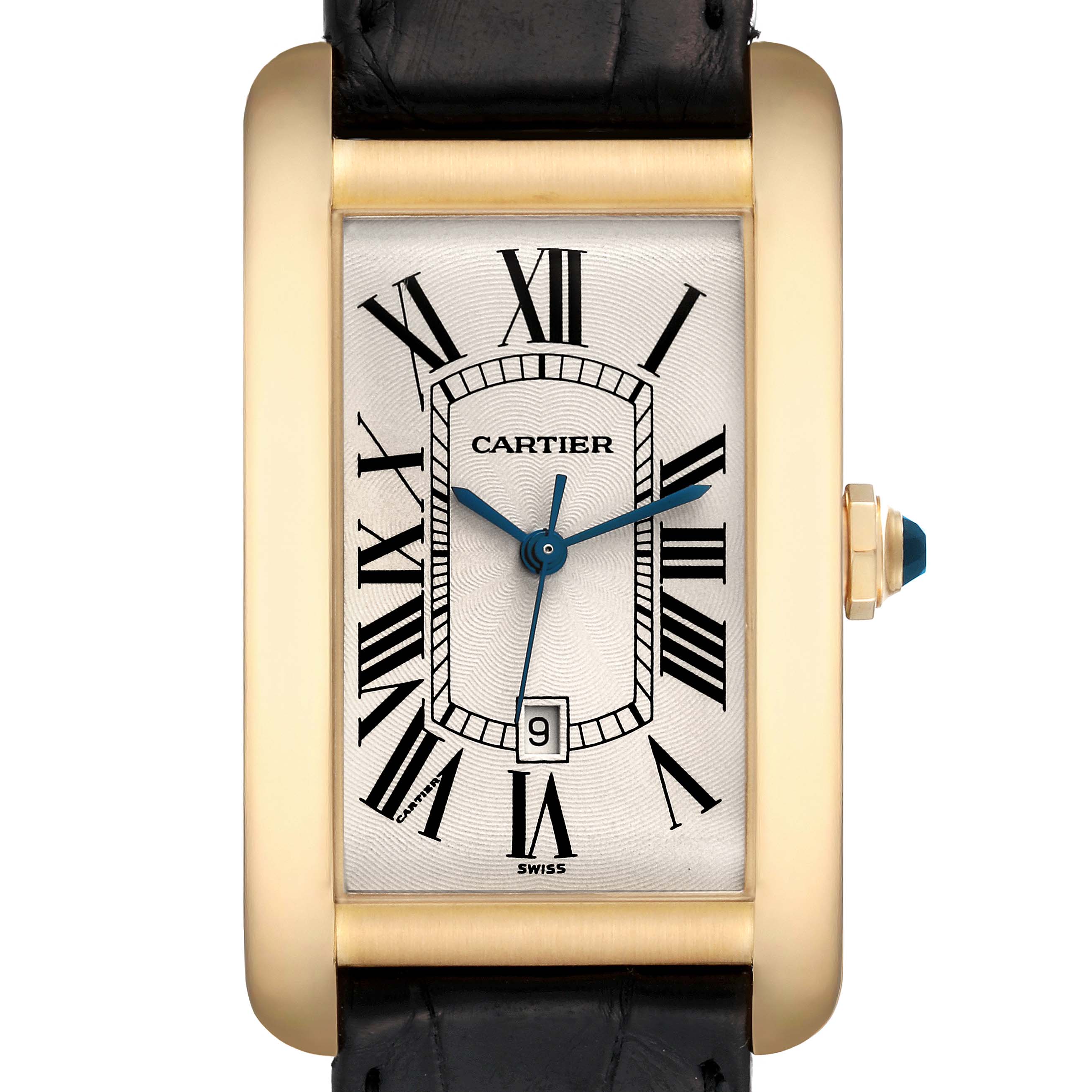 The image shows a frontal view of the Cartier Tank Américaine watch, featuring the dial, Roman numerals, and part of the leather strap.